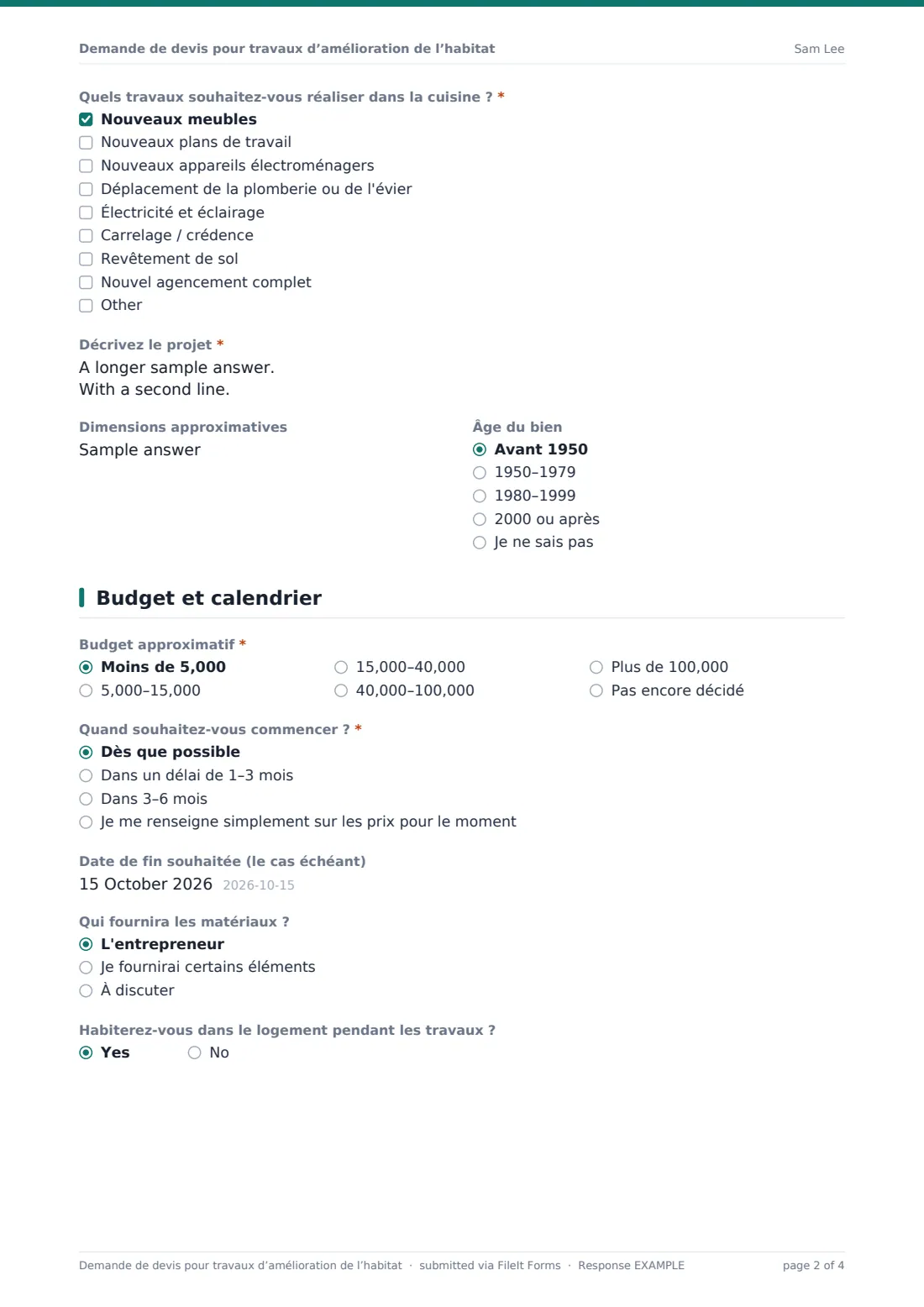 Demande de devis pour travaux d’amélioration de l’habitat — exemple de réponse au format PDF, page 2 sur 4