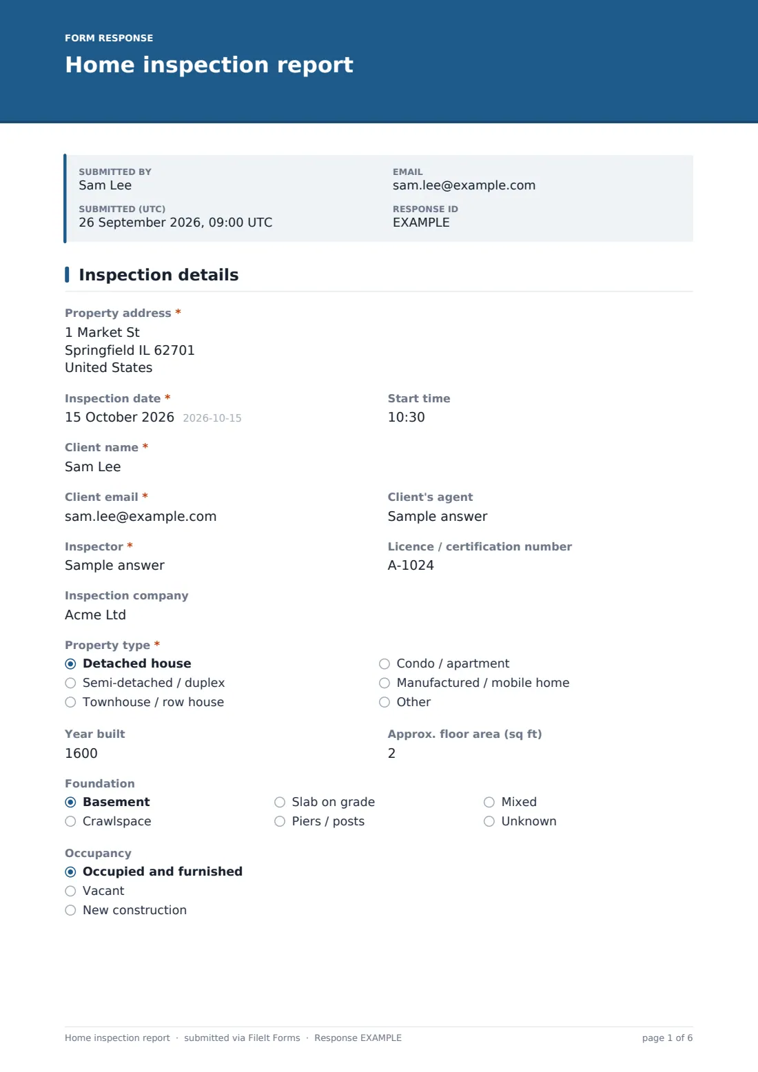 Home inspection report — example response PDF, page 1 of 6