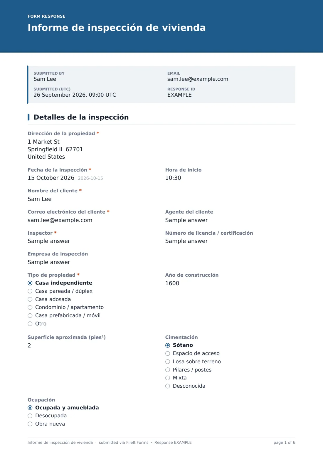 Informe de inspección de vivienda — PDF de respuesta de ejemplo, página 1 de 6