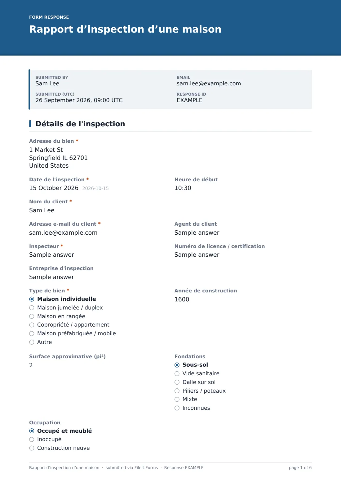 Rapport d’inspection d’une maison — exemple de réponse au format PDF, page 1 sur 6