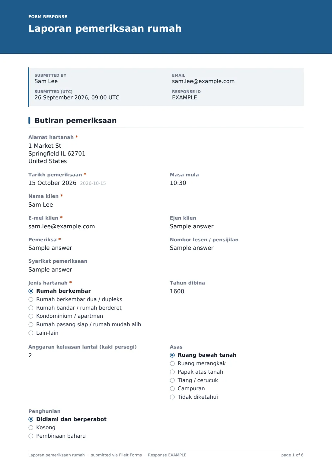Laporan pemeriksaan rumah — PDF respons contoh, halaman 1 daripada 6