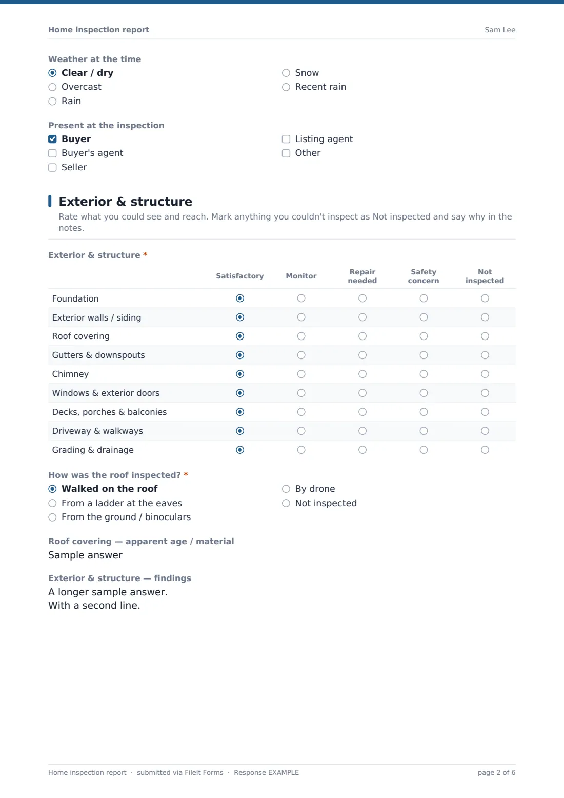 Home inspection report — example response PDF, page 2 of 6