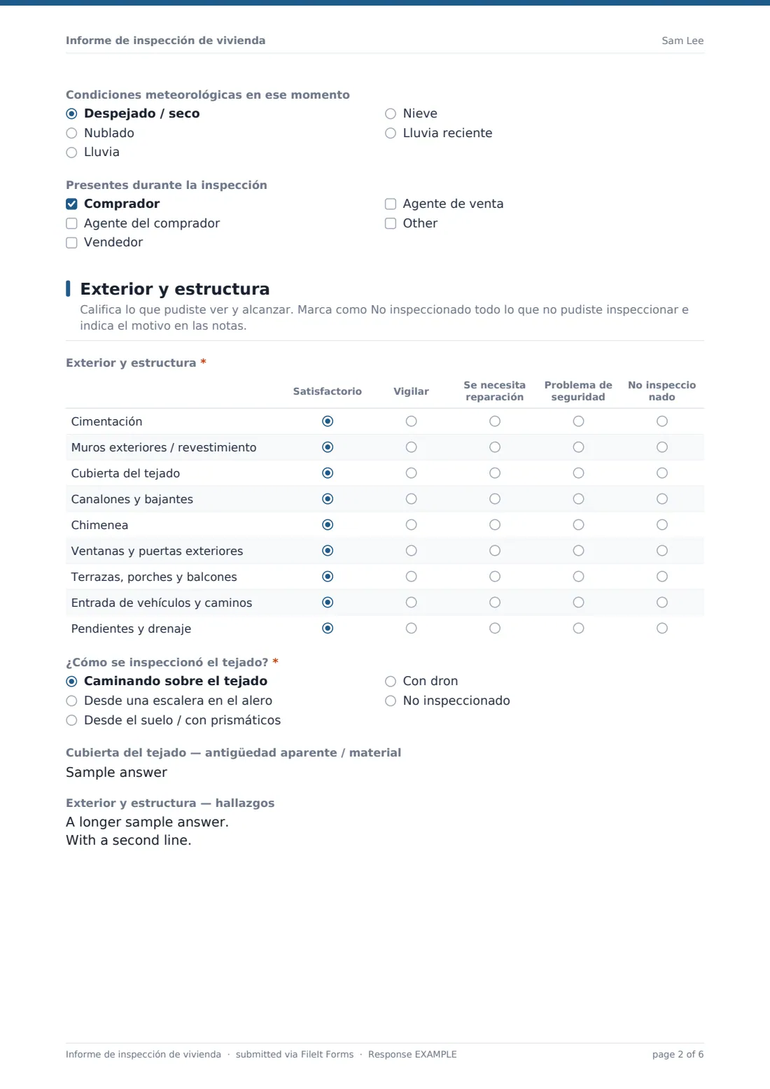 Informe de inspección de vivienda — PDF de respuesta de ejemplo, página 2 de 6