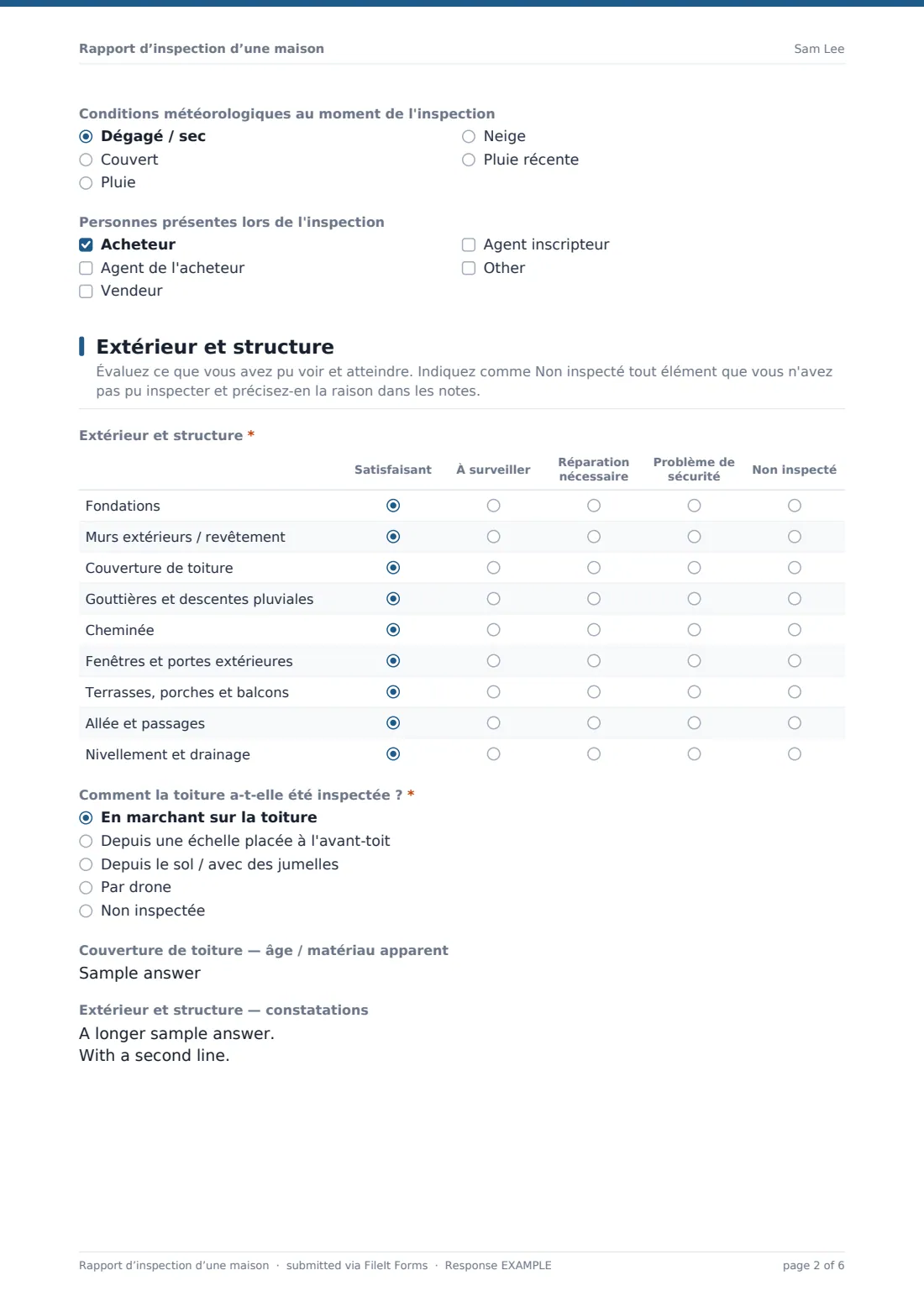 Rapport d’inspection d’une maison — exemple de réponse au format PDF, page 2 sur 6