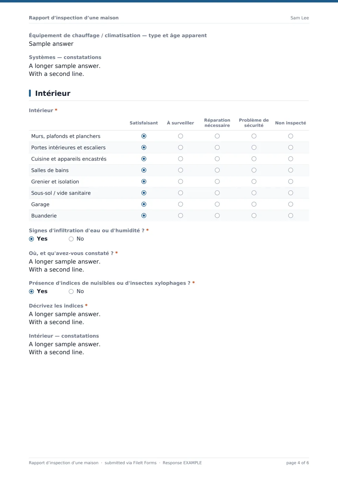 Rapport d’inspection d’une maison — exemple de réponse au format PDF, page 4 sur 6