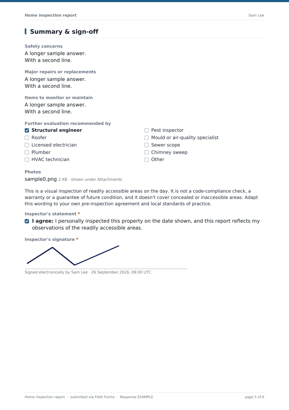 Home inspection report — example response PDF, page 5 of 6
