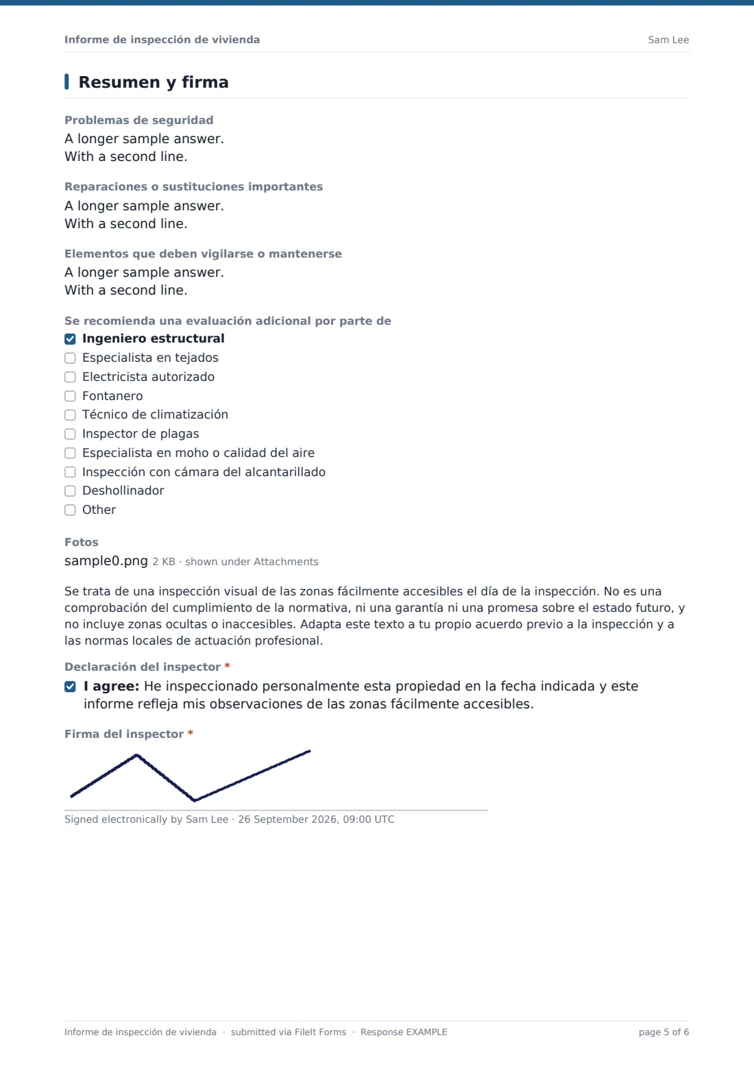 Informe de inspección de vivienda — PDF de respuesta de ejemplo, página 5 de 6