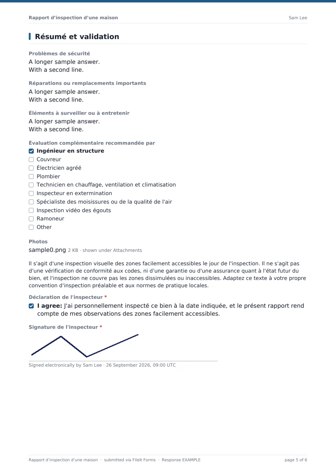 Rapport d’inspection d’une maison — exemple de réponse au format PDF, page 5 sur 6