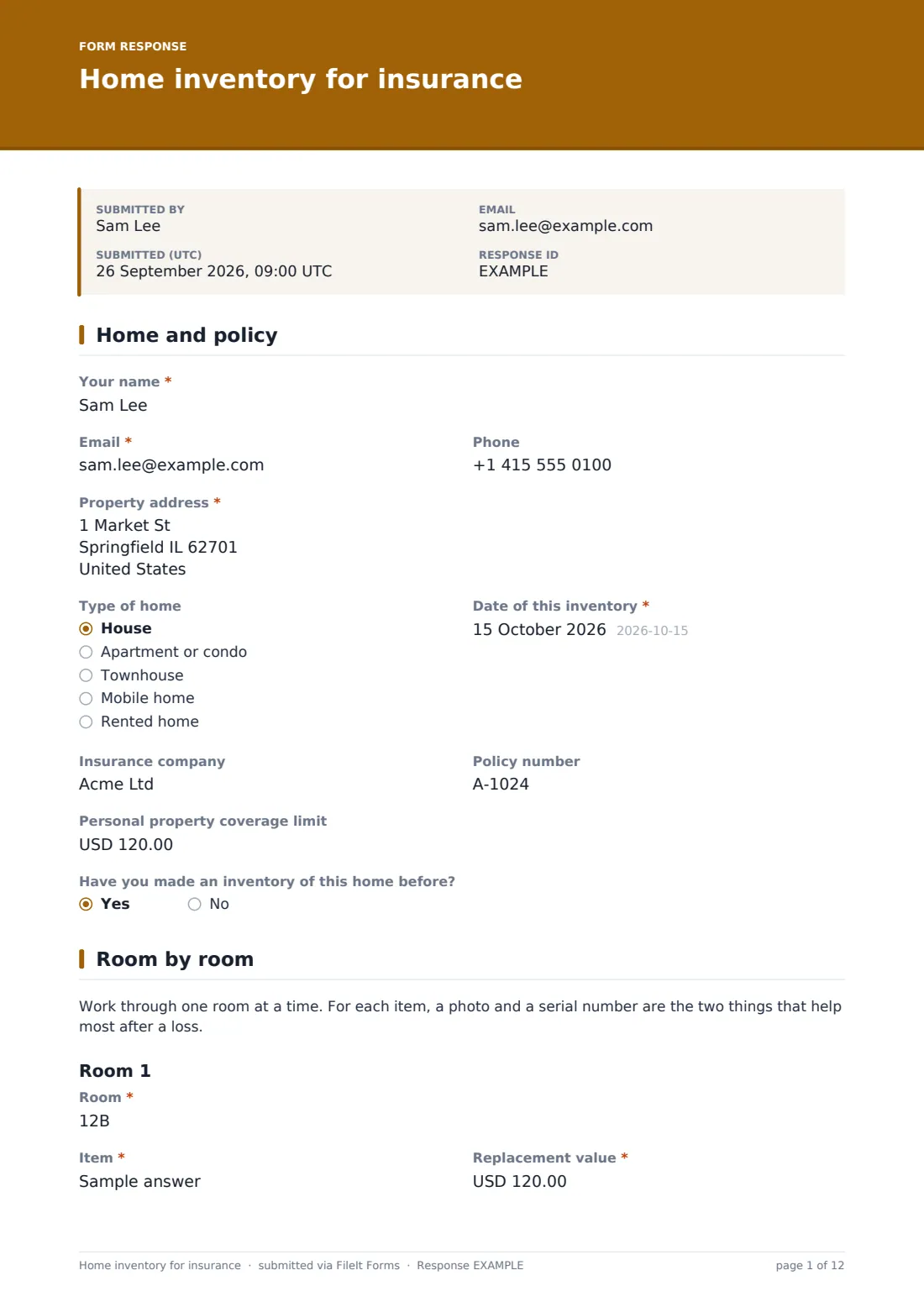 Home inventory for insurance — example response PDF, page 1 of 12