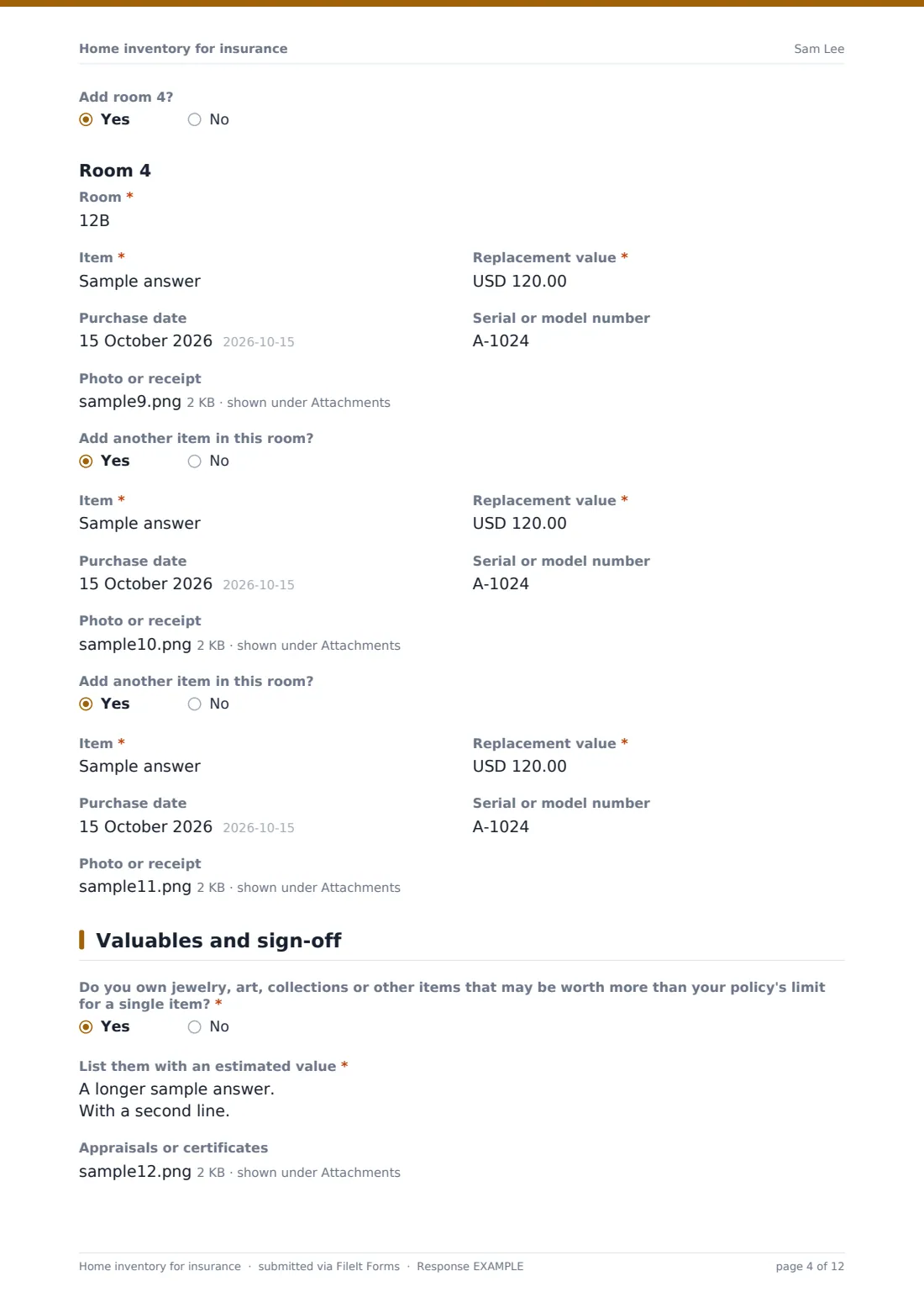 Home inventory for insurance — example response PDF, page 4 of 12