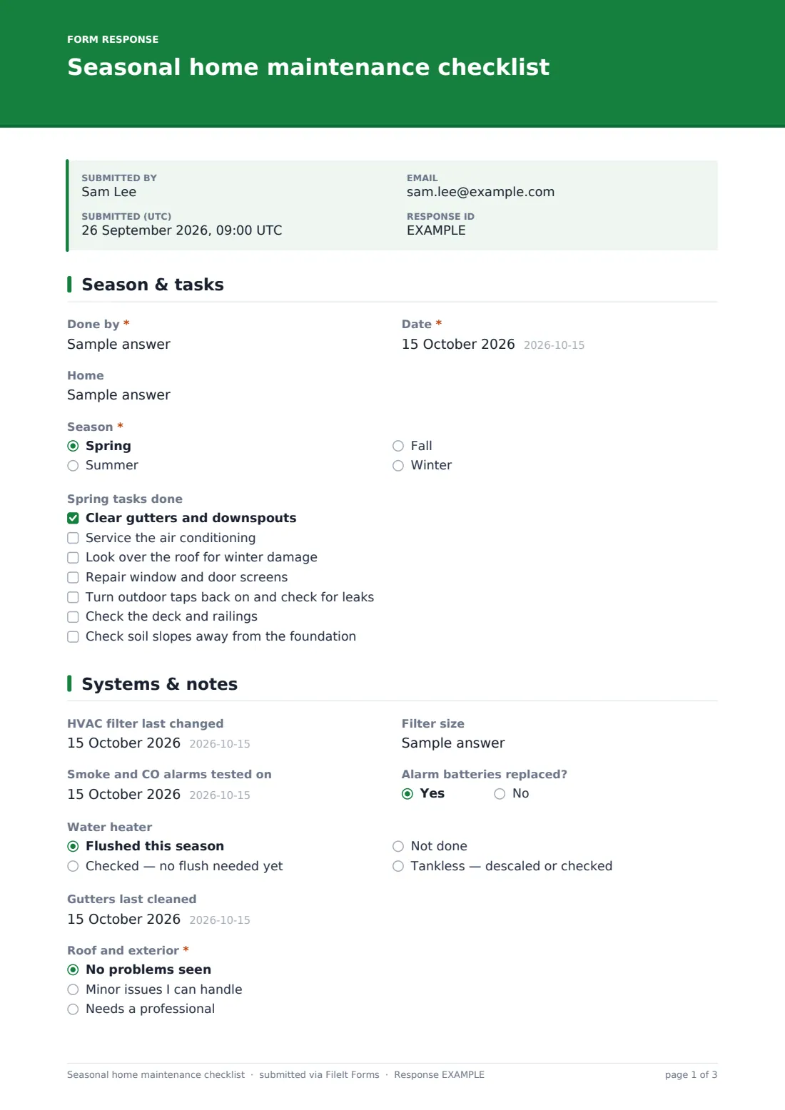 Seasonal home maintenance checklist — example response PDF, page 1 of 3