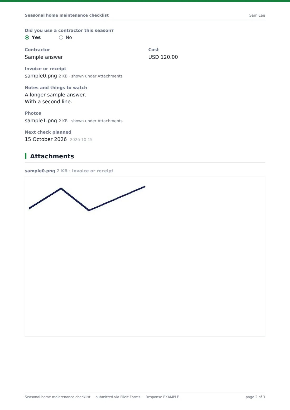 Seasonal home maintenance checklist — example response PDF, page 2 of 3