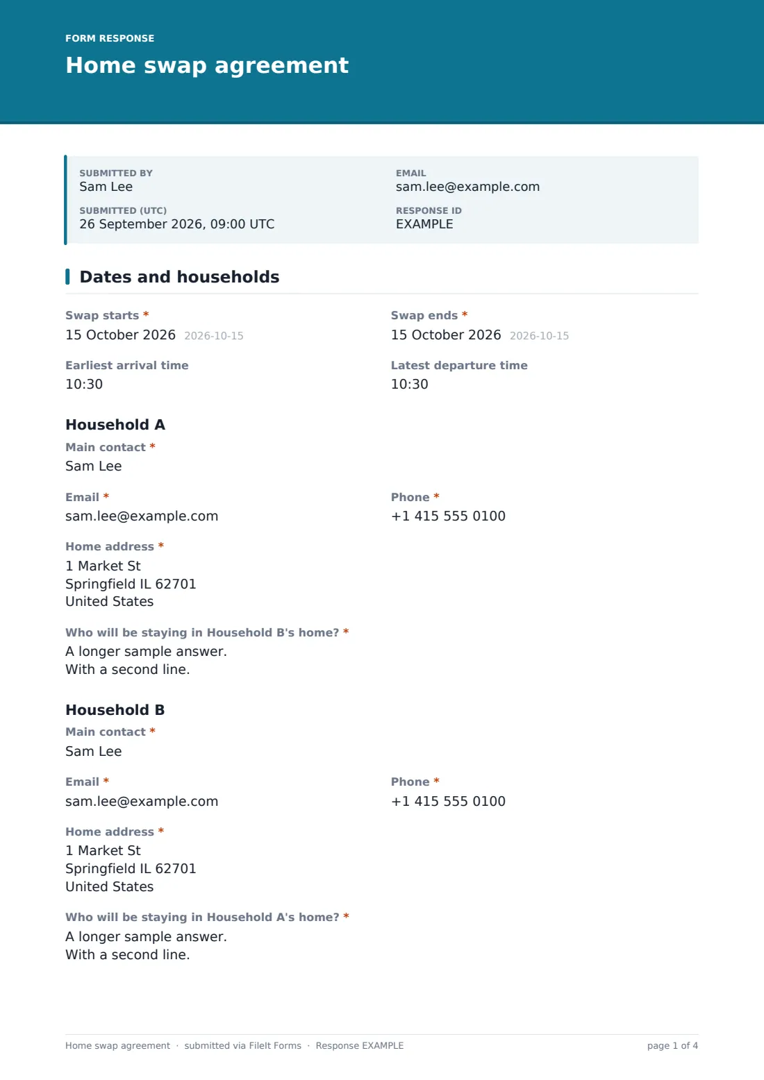 Home swap agreement — example response PDF, page 1 of 4