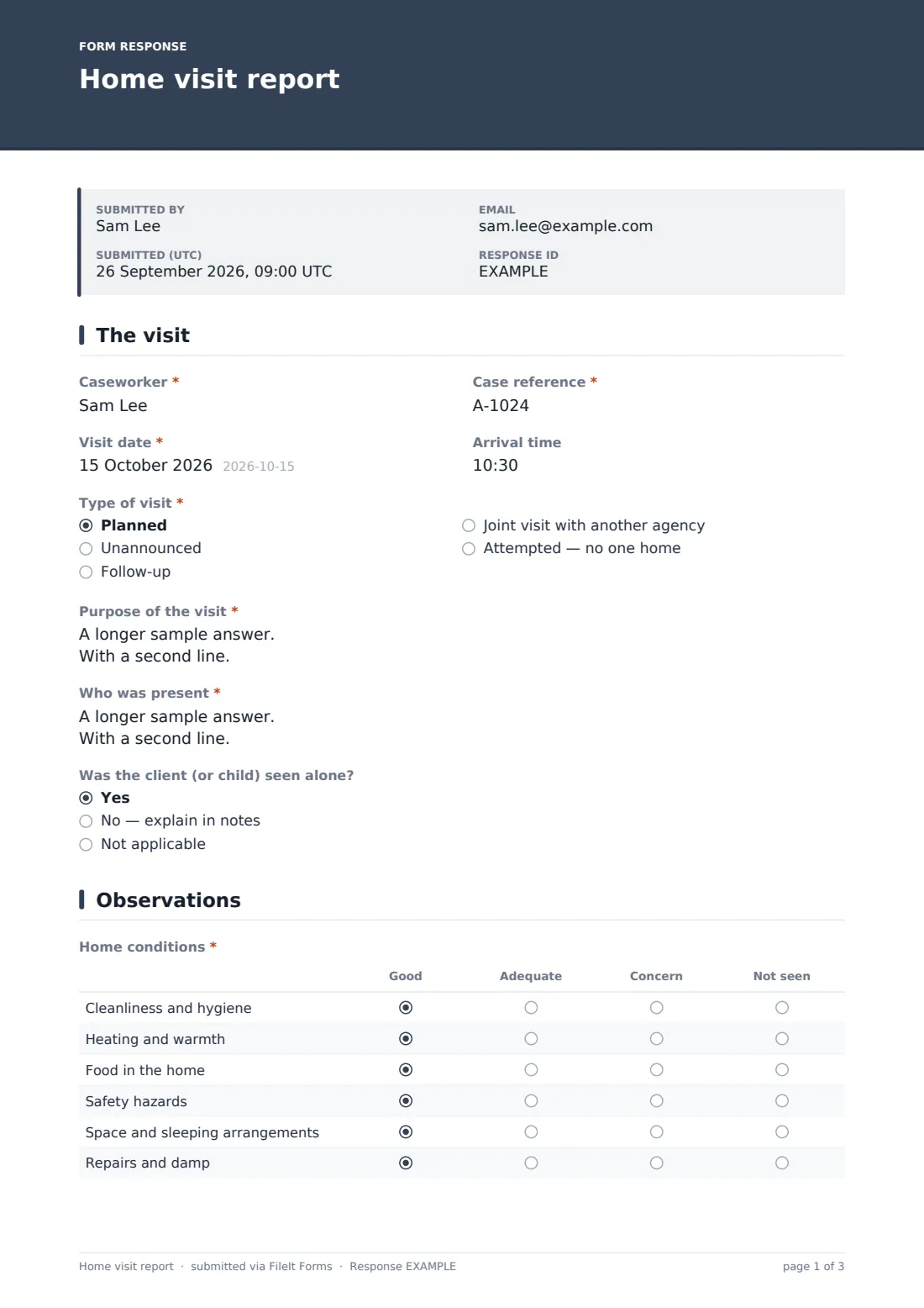 Home visit report — example response PDF, page 1 of 3