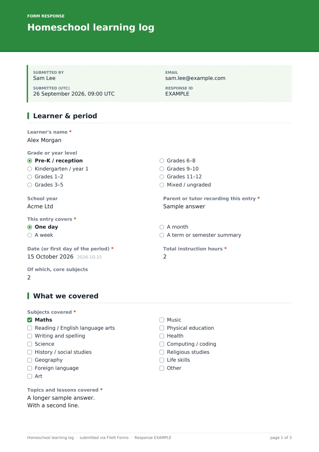 Homeschool learning log — example response PDF, page 1 of 3