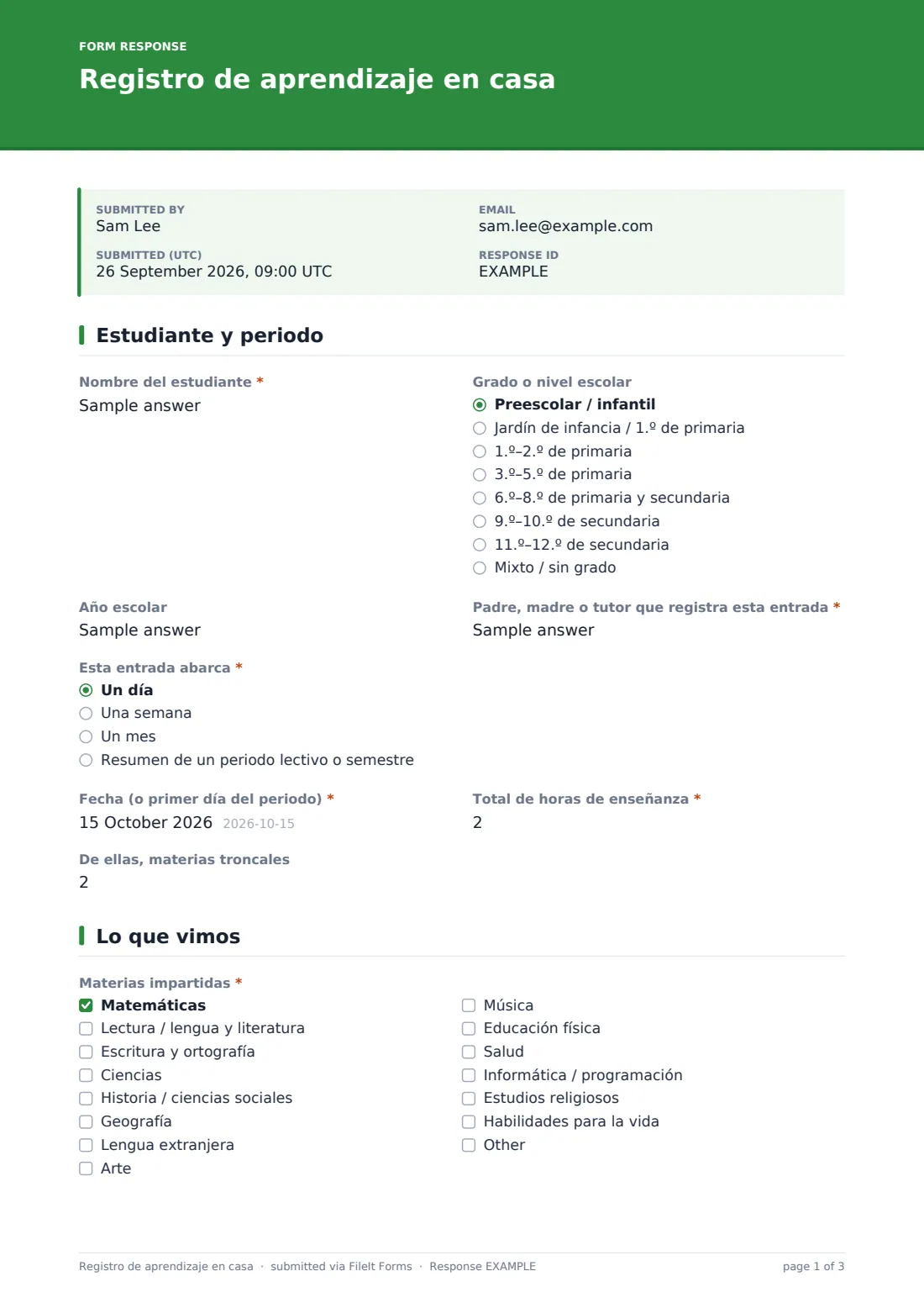 Registro de aprendizaje en casa — PDF de respuesta de ejemplo, página 1 de 3