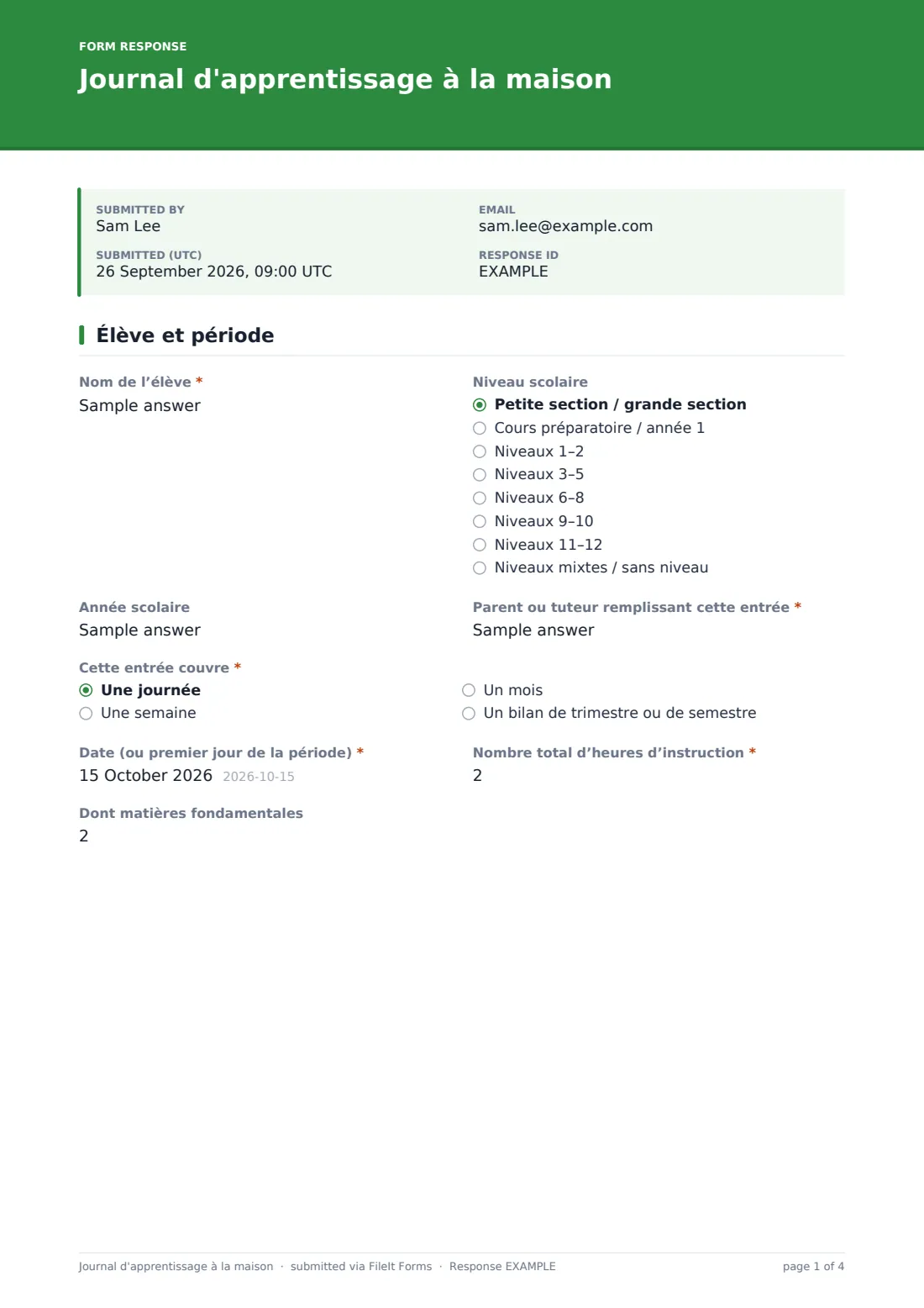 Journal d'apprentissage à la maison — exemple de réponse au format PDF, page 1 sur 4