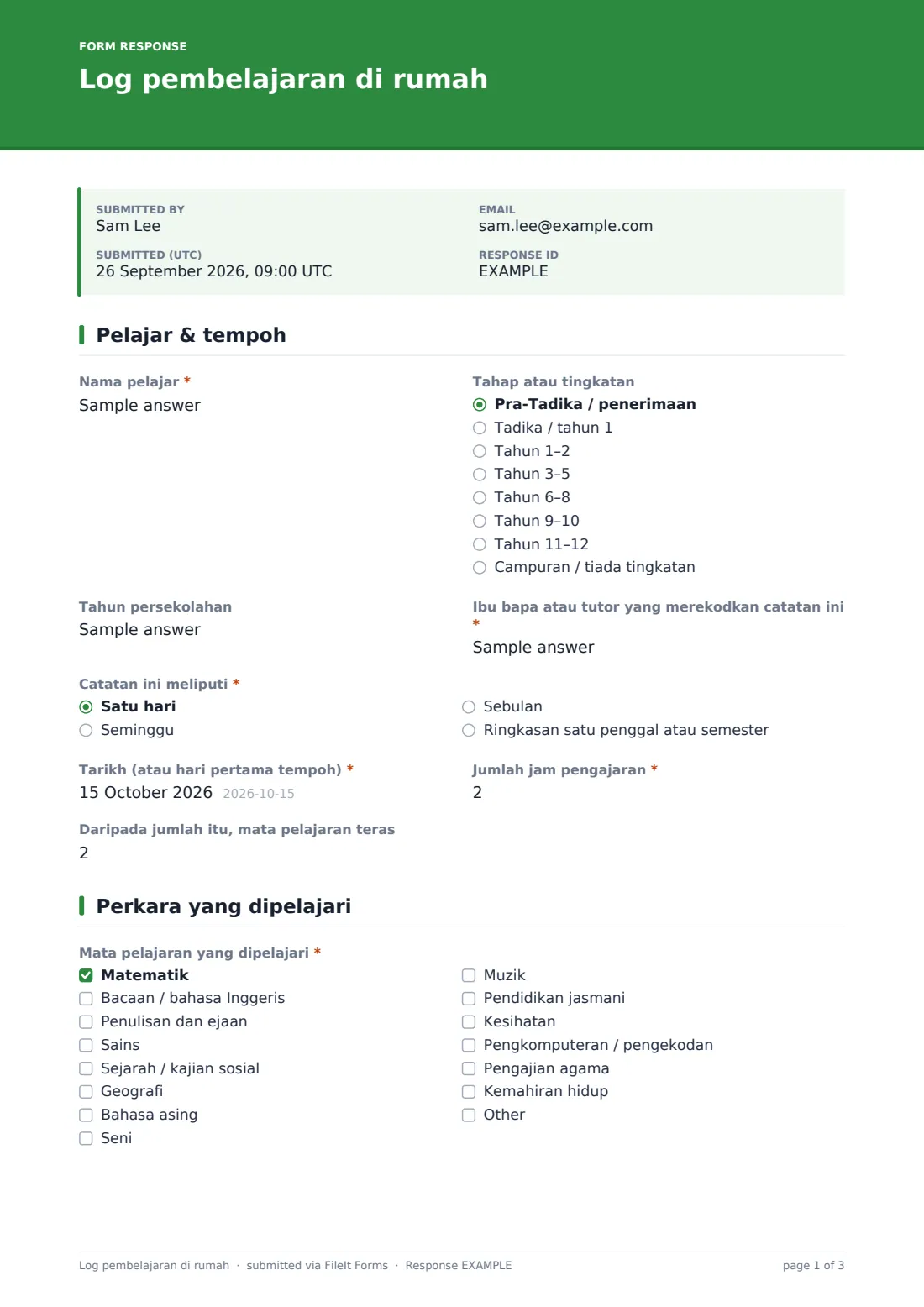 Log pembelajaran di rumah — PDF respons contoh, halaman 1 daripada 3