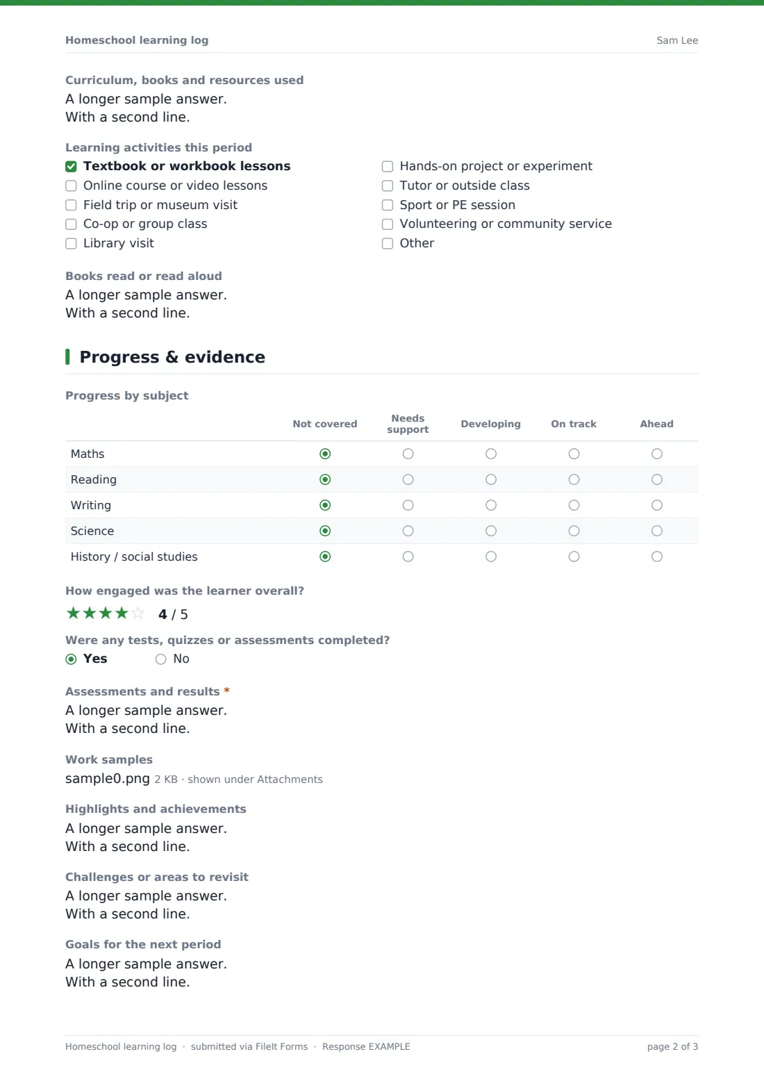 Homeschool learning log — example response PDF, page 2 of 3