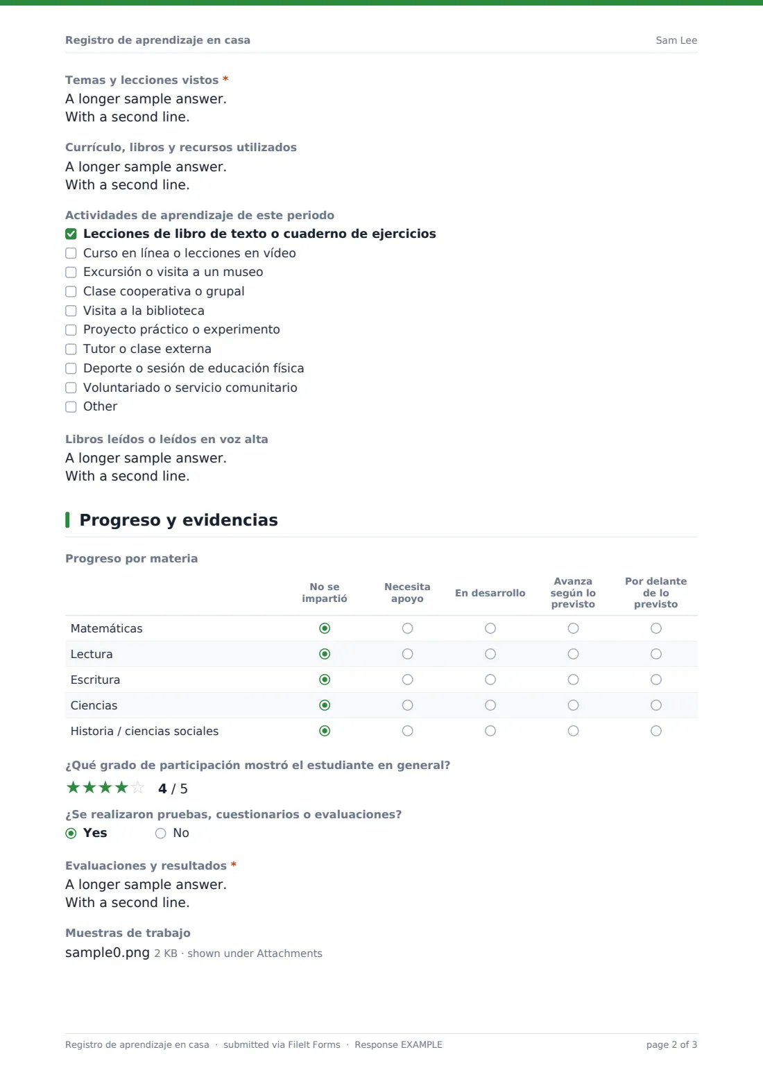 Registro de aprendizaje en casa — PDF de respuesta de ejemplo, página 2 de 3