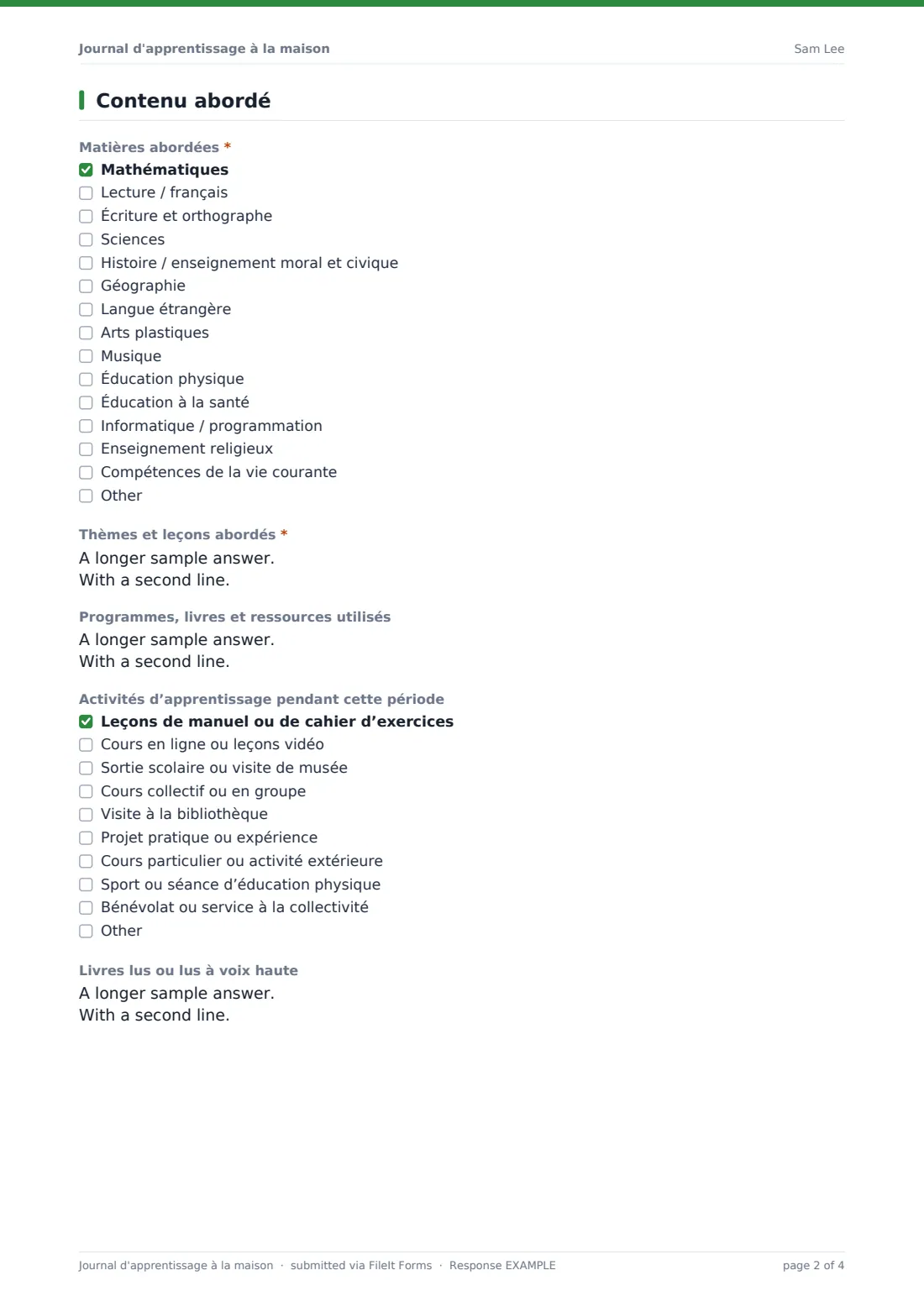 Journal d'apprentissage à la maison — exemple de réponse au format PDF, page 2 sur 4