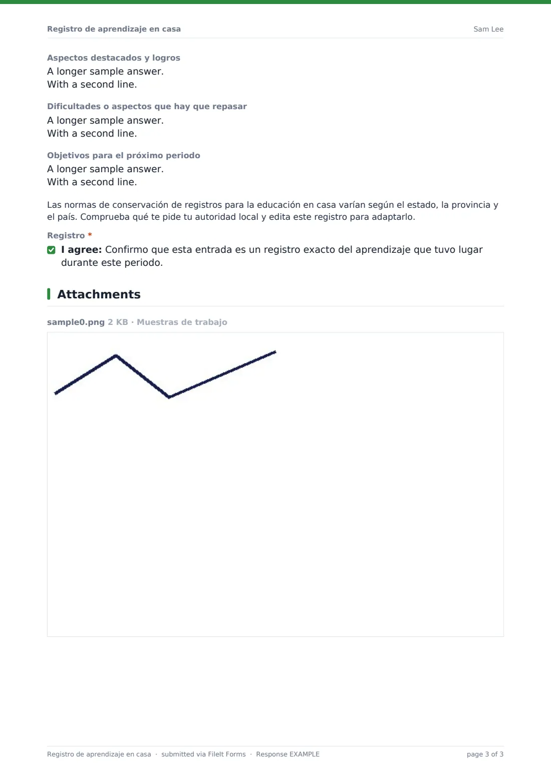 Registro de aprendizaje en casa — PDF de respuesta de ejemplo, página 3 de 3