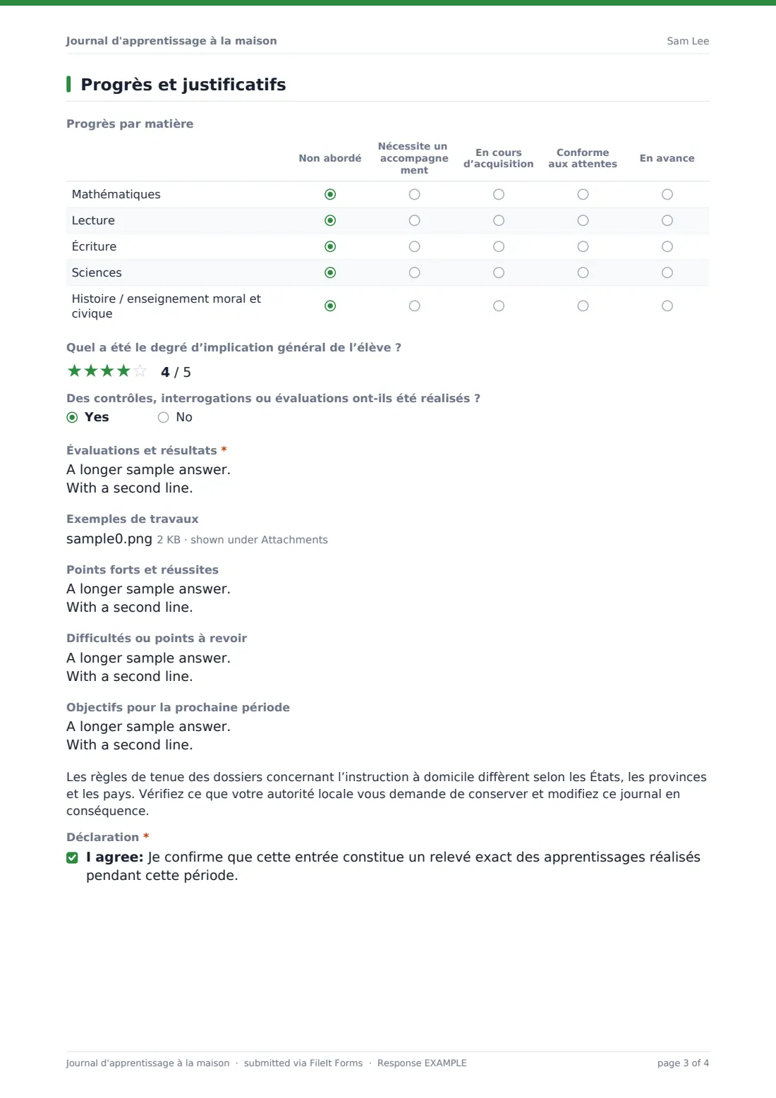 Journal d'apprentissage à la maison — exemple de réponse au format PDF, page 3 sur 4