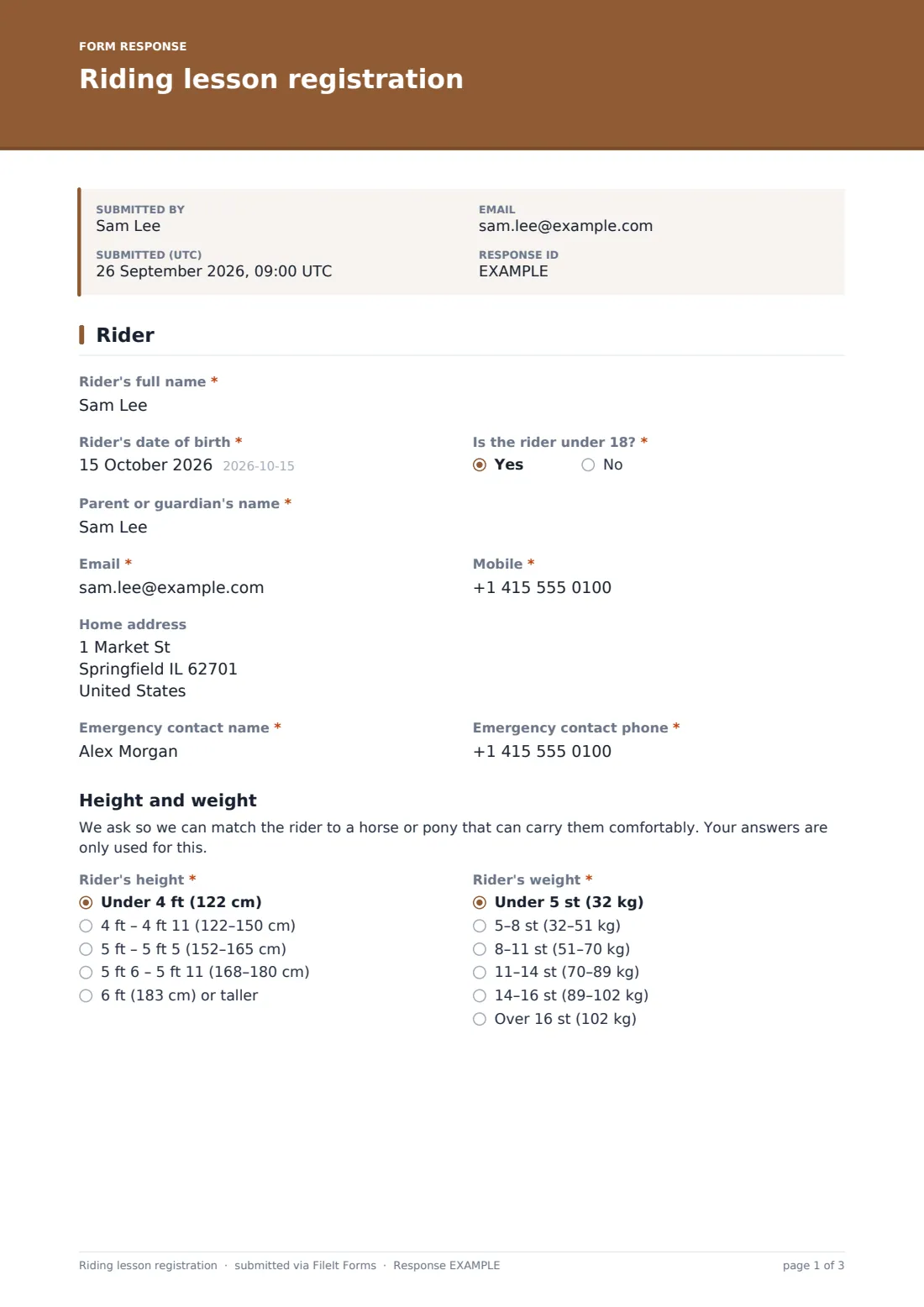 Riding lesson registration — example response PDF, page 1 of 3