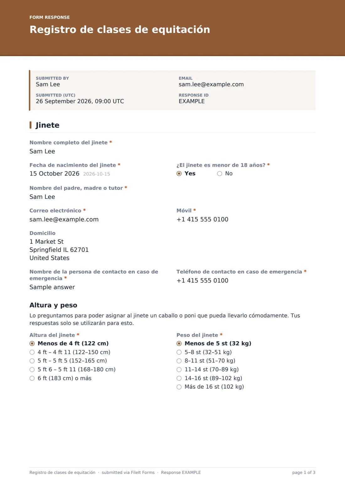 Registro de clases de equitación — PDF de respuesta de ejemplo, página 1 de 3