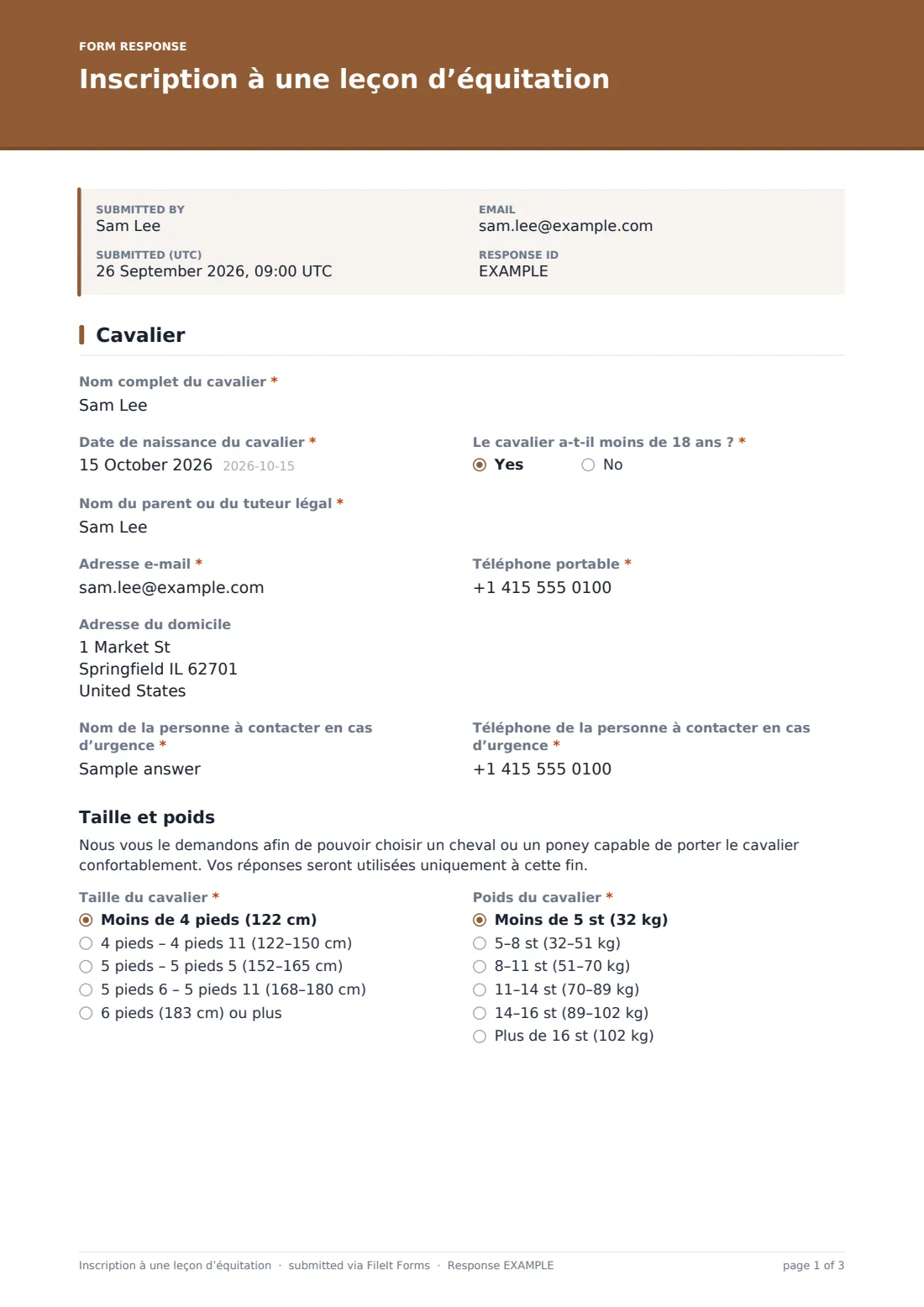 Inscription à une leçon d’équitation — exemple de réponse au format PDF, page 1 sur 3