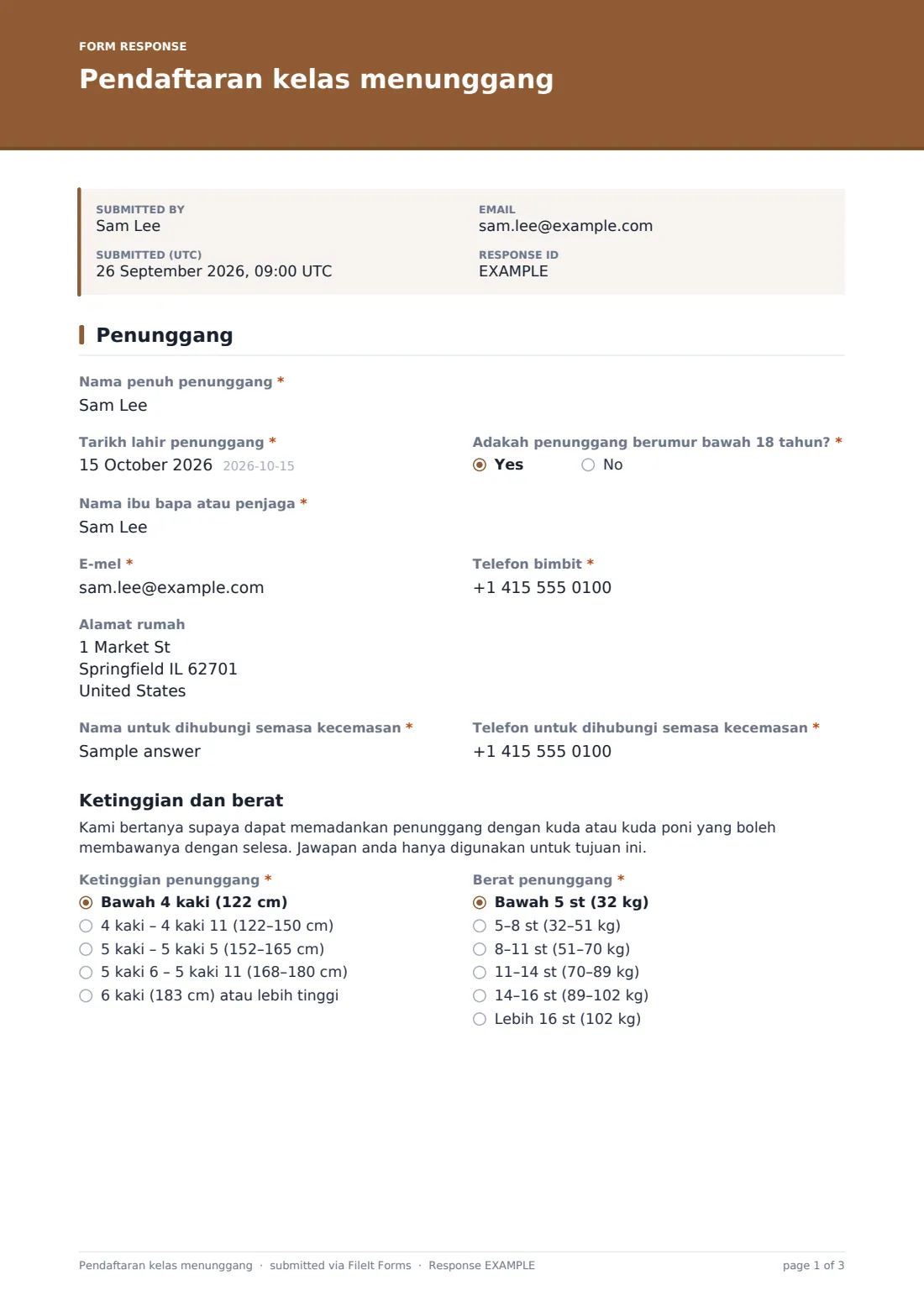 Pendaftaran kelas menunggang — PDF respons contoh, halaman 1 daripada 3