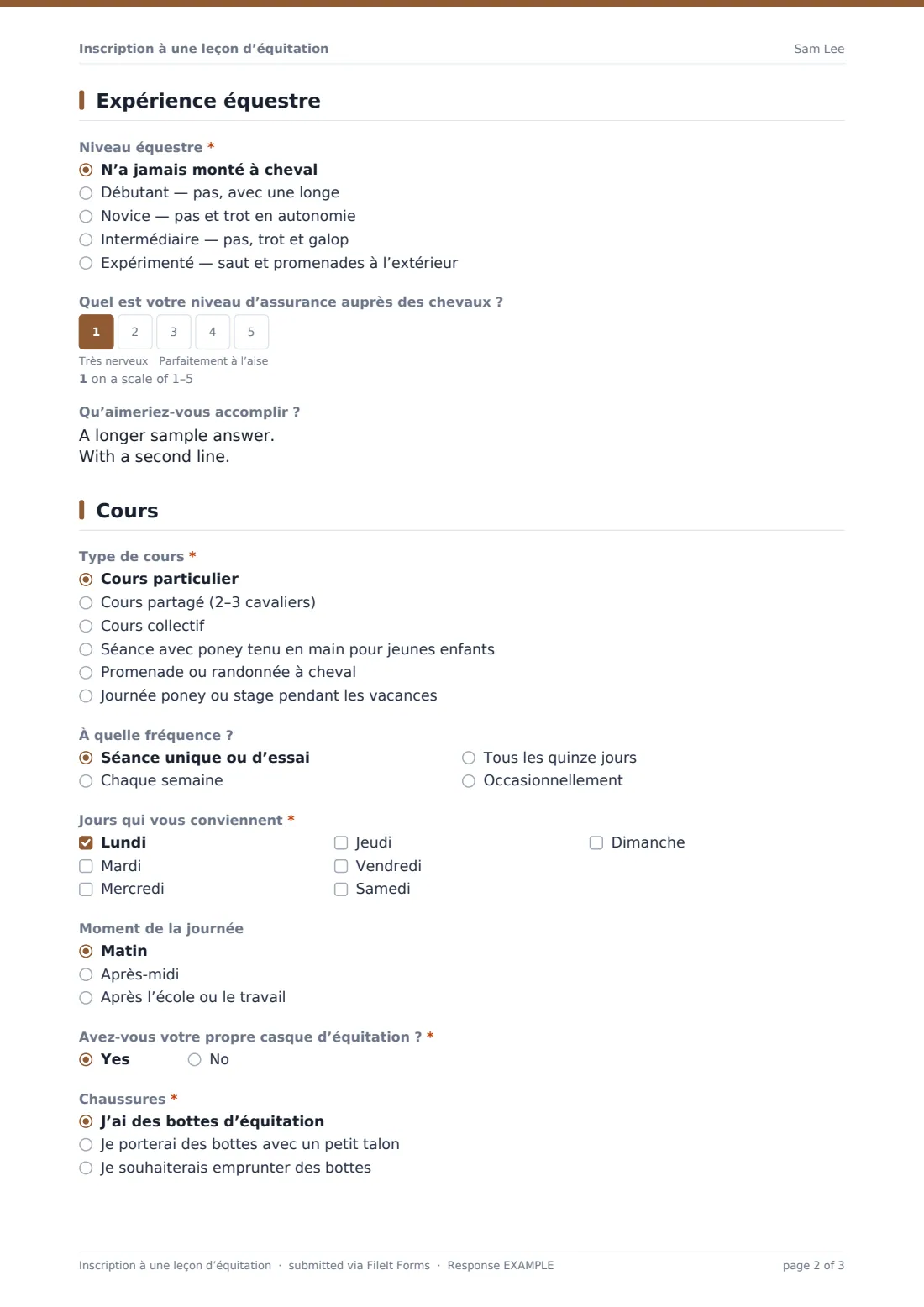 Inscription à une leçon d’équitation — exemple de réponse au format PDF, page 2 sur 3