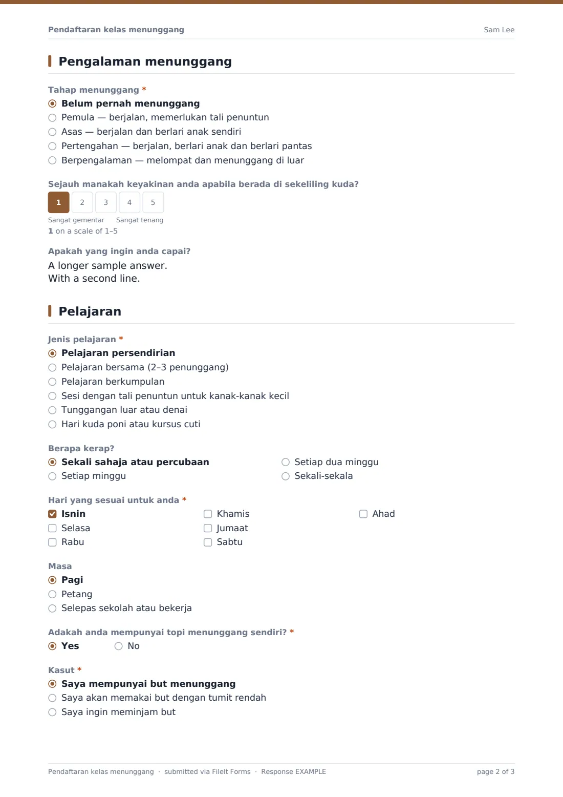 Pendaftaran kelas menunggang — PDF respons contoh, halaman 2 daripada 3