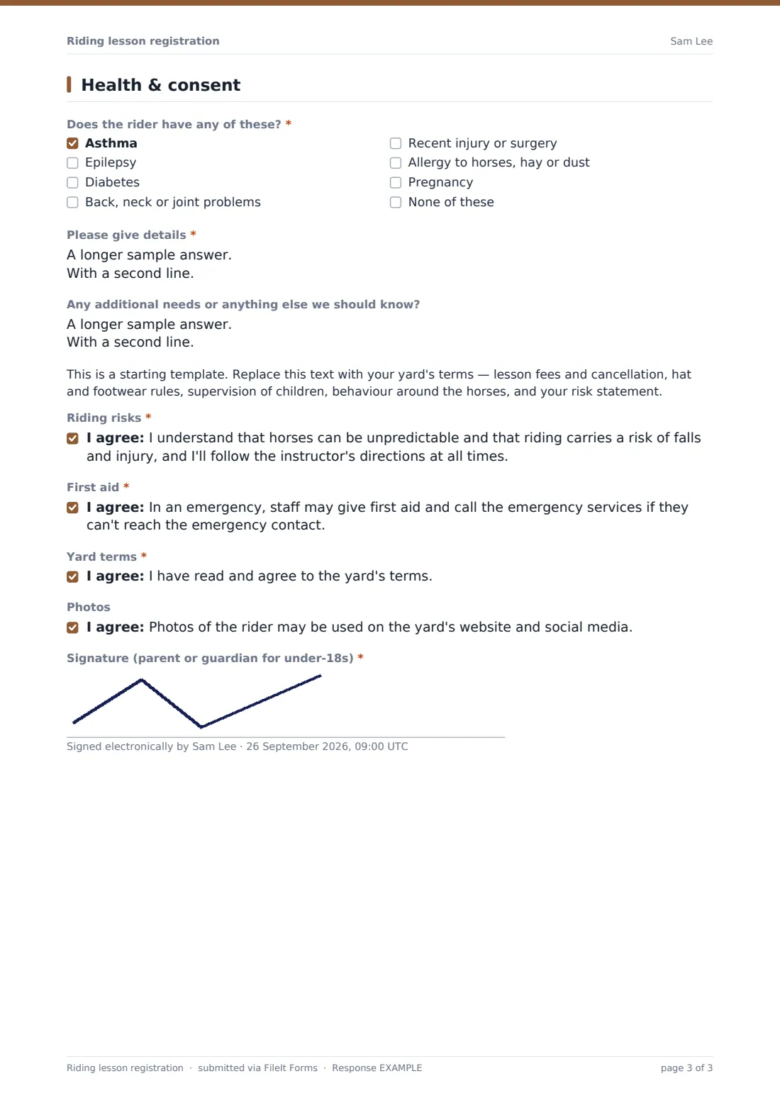 Riding lesson registration — example response PDF, page 3 of 3