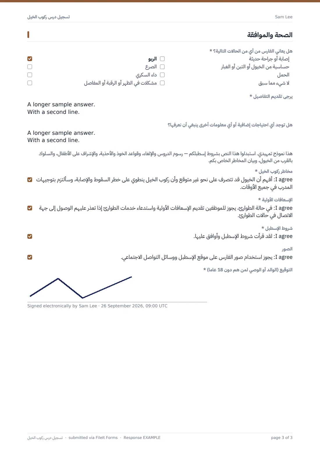 تسجيل درس ركوب الخيل — ملف PDF لرد نموذجي، الصفحة 3 من 3