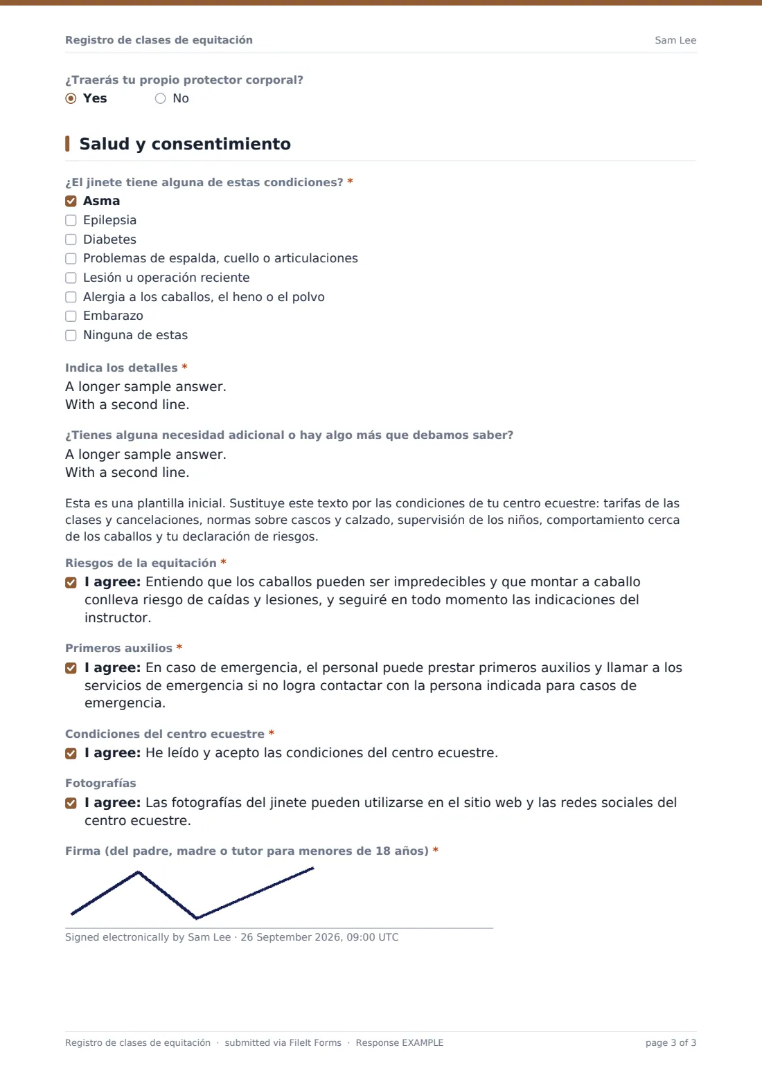 Registro de clases de equitación — PDF de respuesta de ejemplo, página 3 de 3