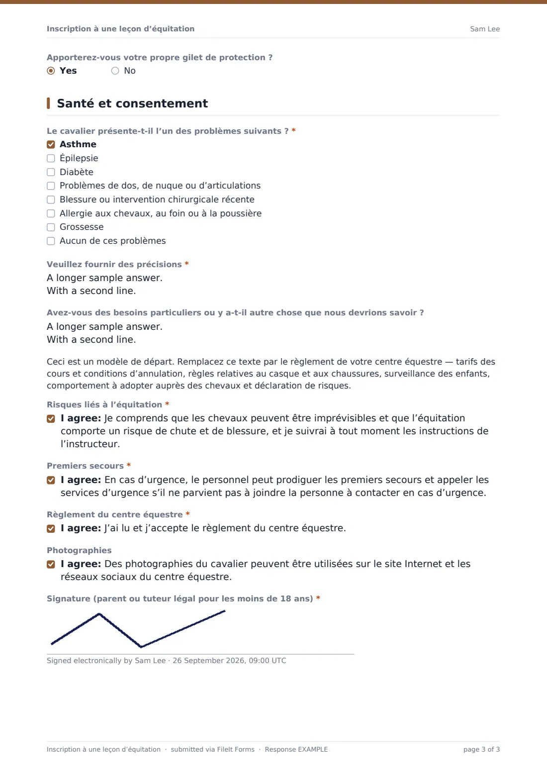 Inscription à une leçon d’équitation — exemple de réponse au format PDF, page 3 sur 3