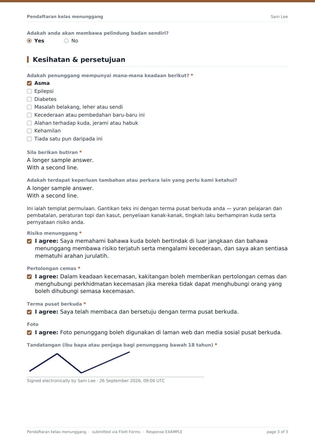 Pendaftaran kelas menunggang — PDF respons contoh, halaman 3 daripada 3