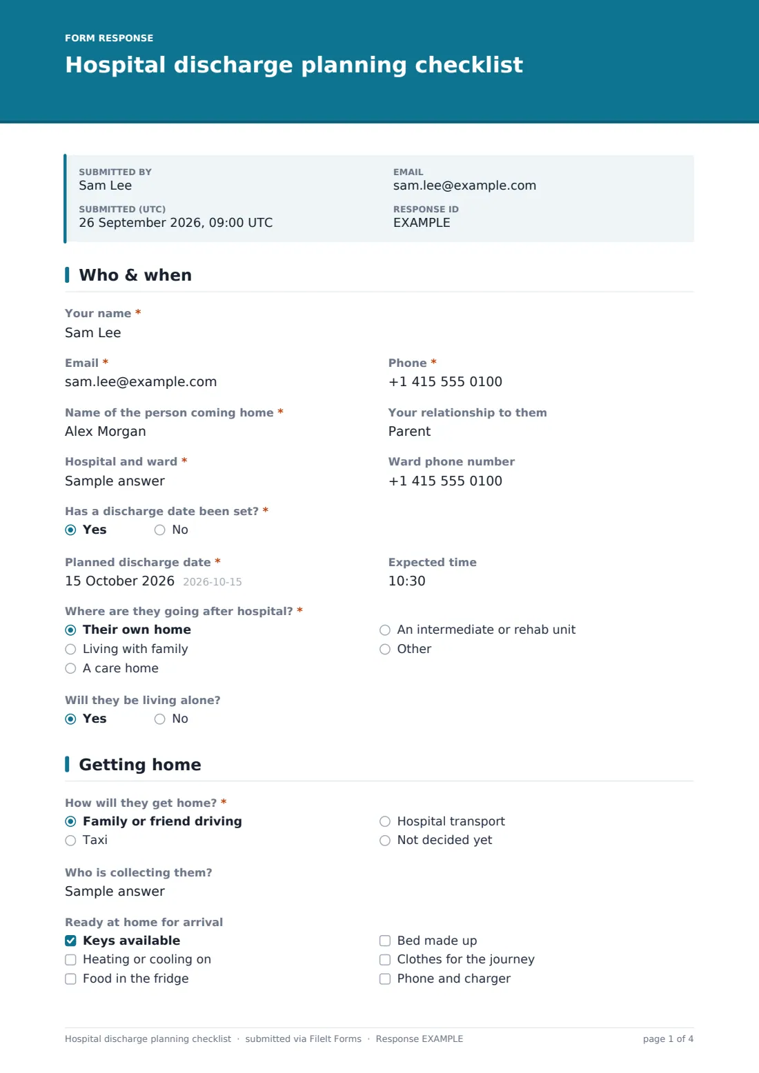 Hospital discharge planning checklist — example response PDF, page 1 of 4
