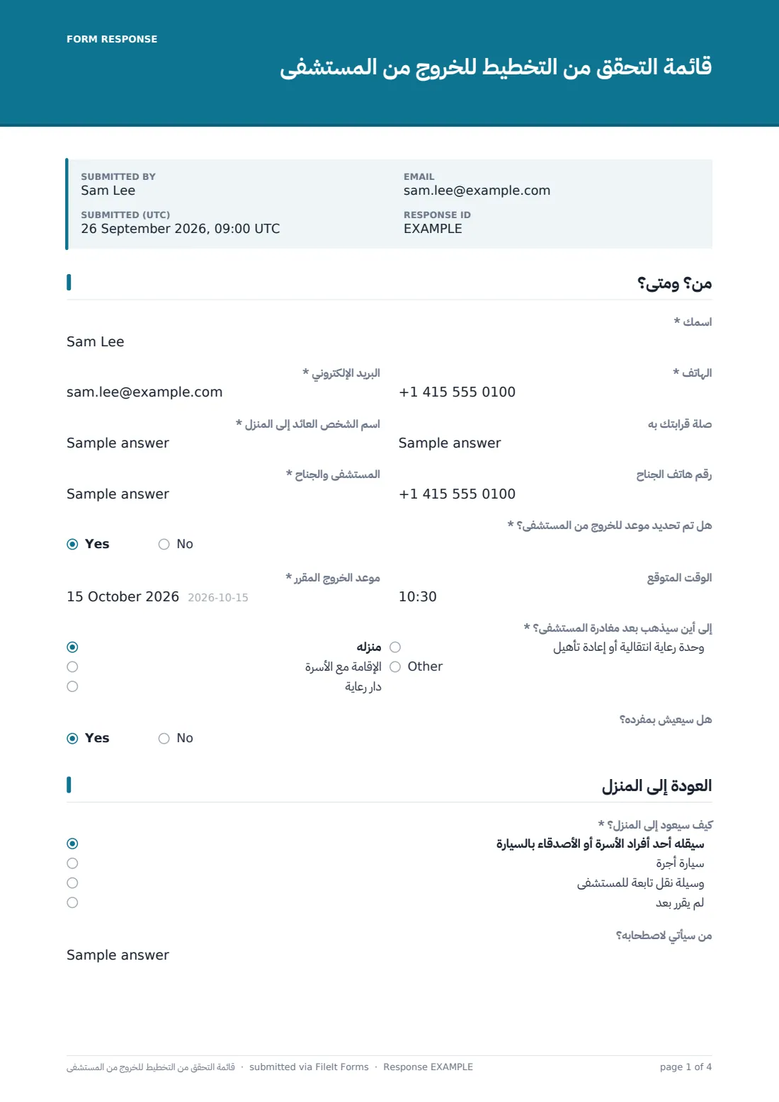 قائمة التحقق من التخطيط للخروج من المستشفى — ملف PDF لرد نموذجي، الصفحة 1 من 4