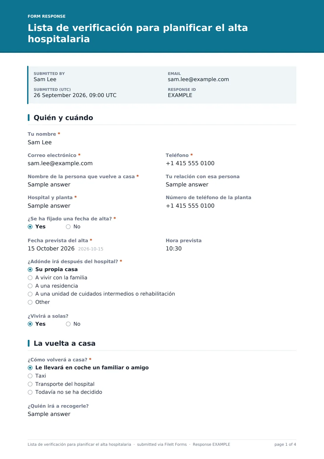 Lista de verificación para planificar el alta hospitalaria — PDF de respuesta de ejemplo, página 1 de 4