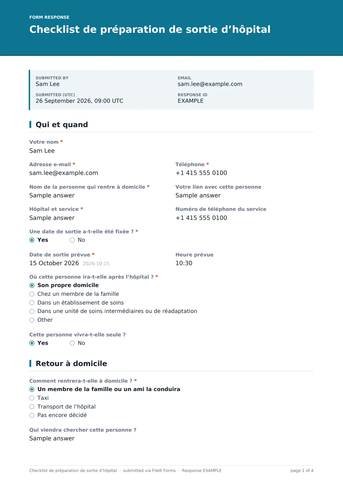 Checklist de préparation de sortie d’hôpital — exemple de réponse au format PDF, page 1 sur 4