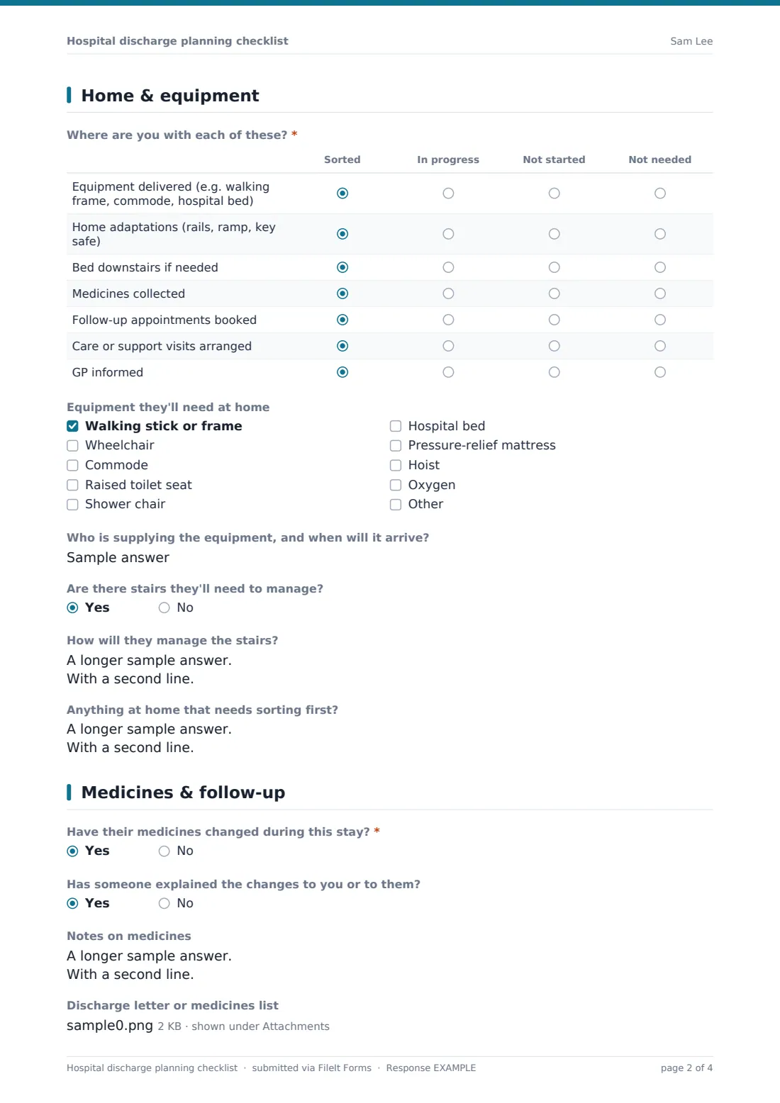 Hospital discharge planning checklist — example response PDF, page 2 of 4