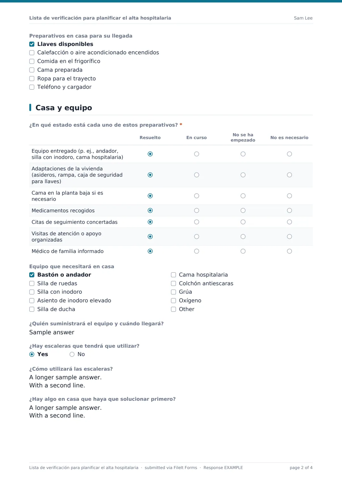 Lista de verificación para planificar el alta hospitalaria — PDF de respuesta de ejemplo, página 2 de 4