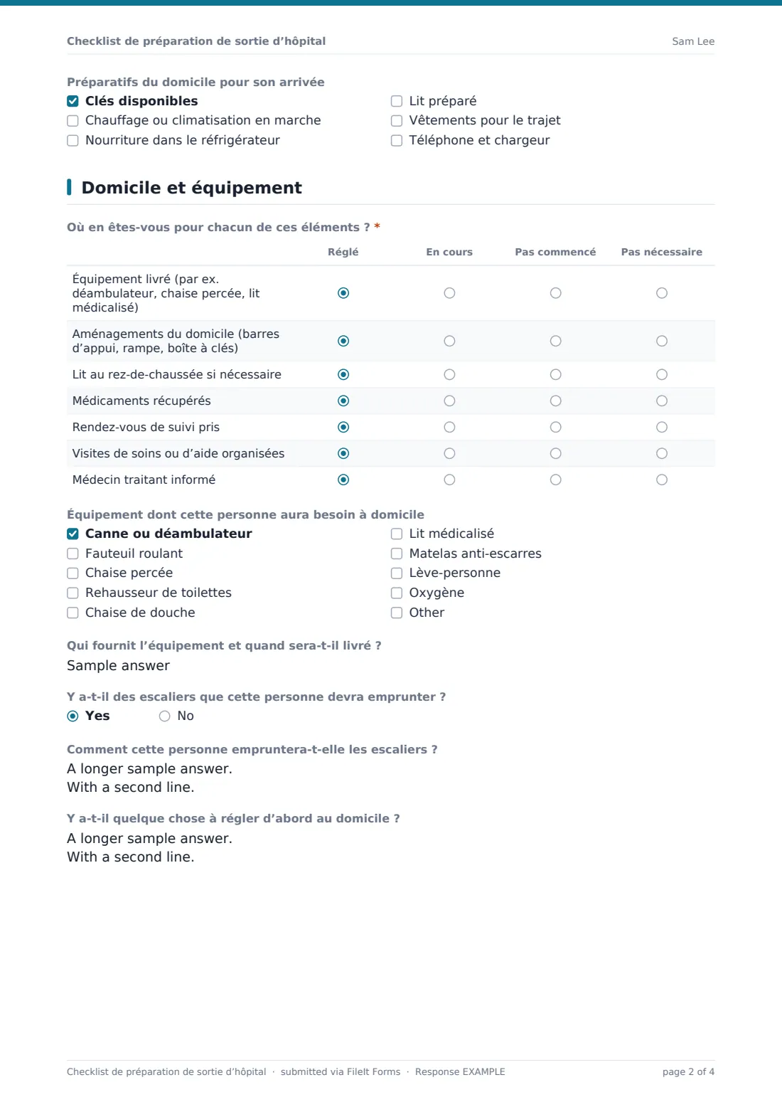 Checklist de préparation de sortie d’hôpital — exemple de réponse au format PDF, page 2 sur 4