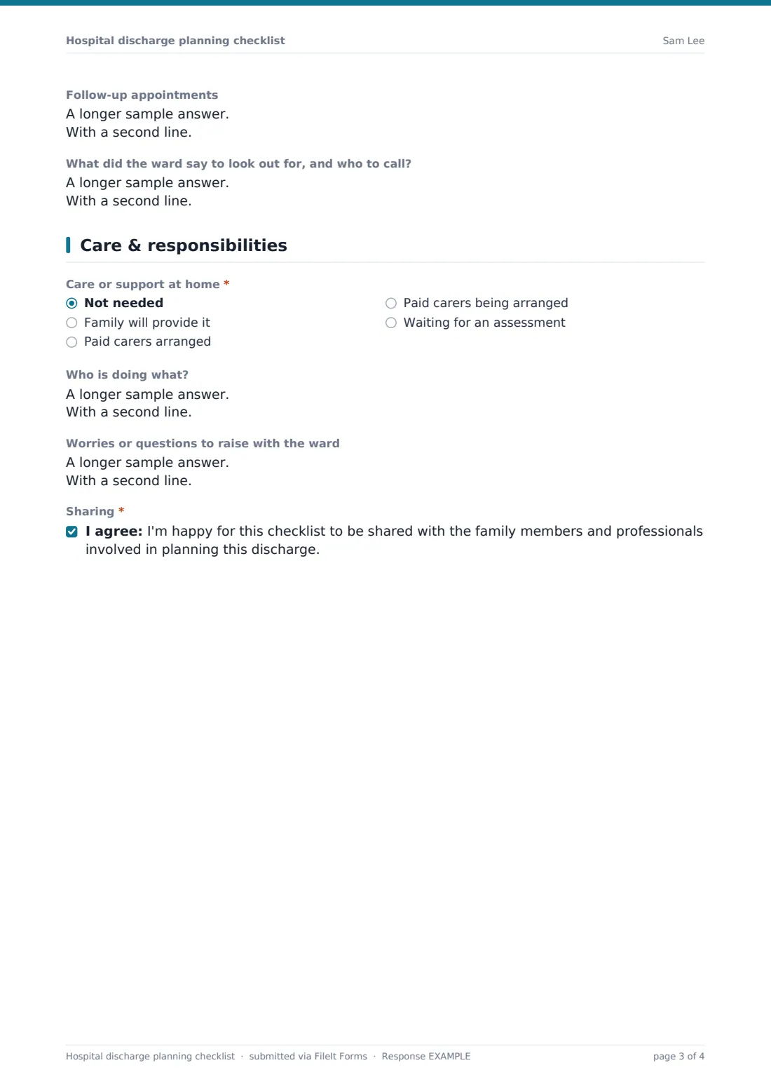 Hospital discharge planning checklist — example response PDF, page 3 of 4