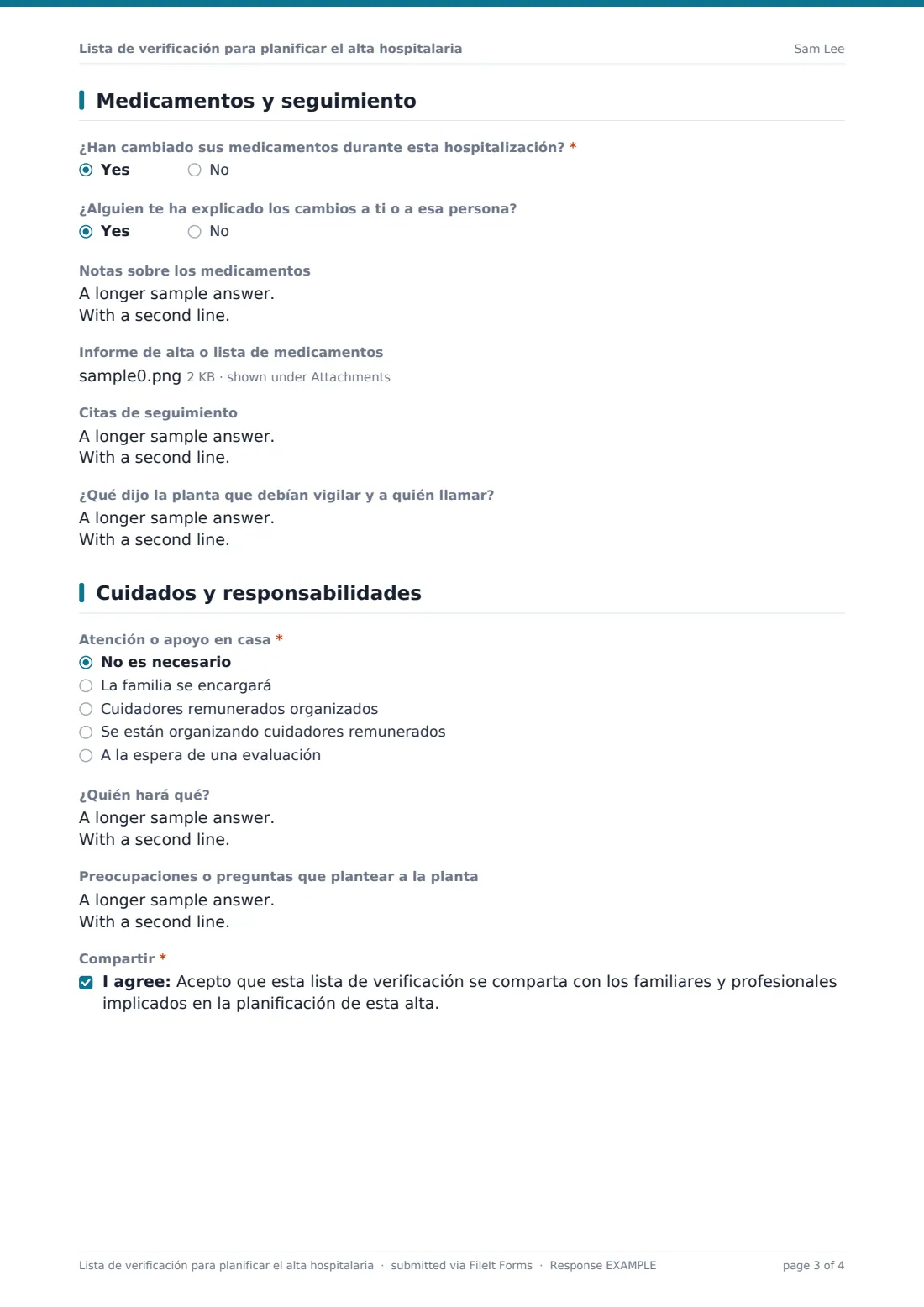 Lista de verificación para planificar el alta hospitalaria — PDF de respuesta de ejemplo, página 3 de 4