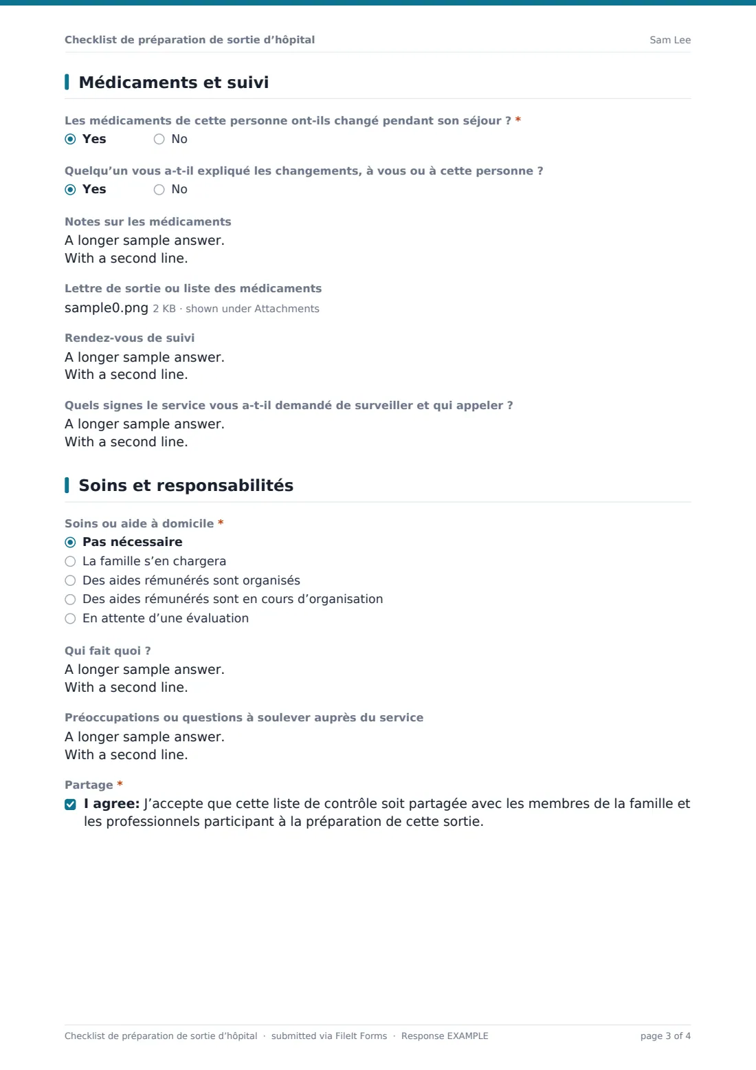 Checklist de préparation de sortie d’hôpital — exemple de réponse au format PDF, page 3 sur 4