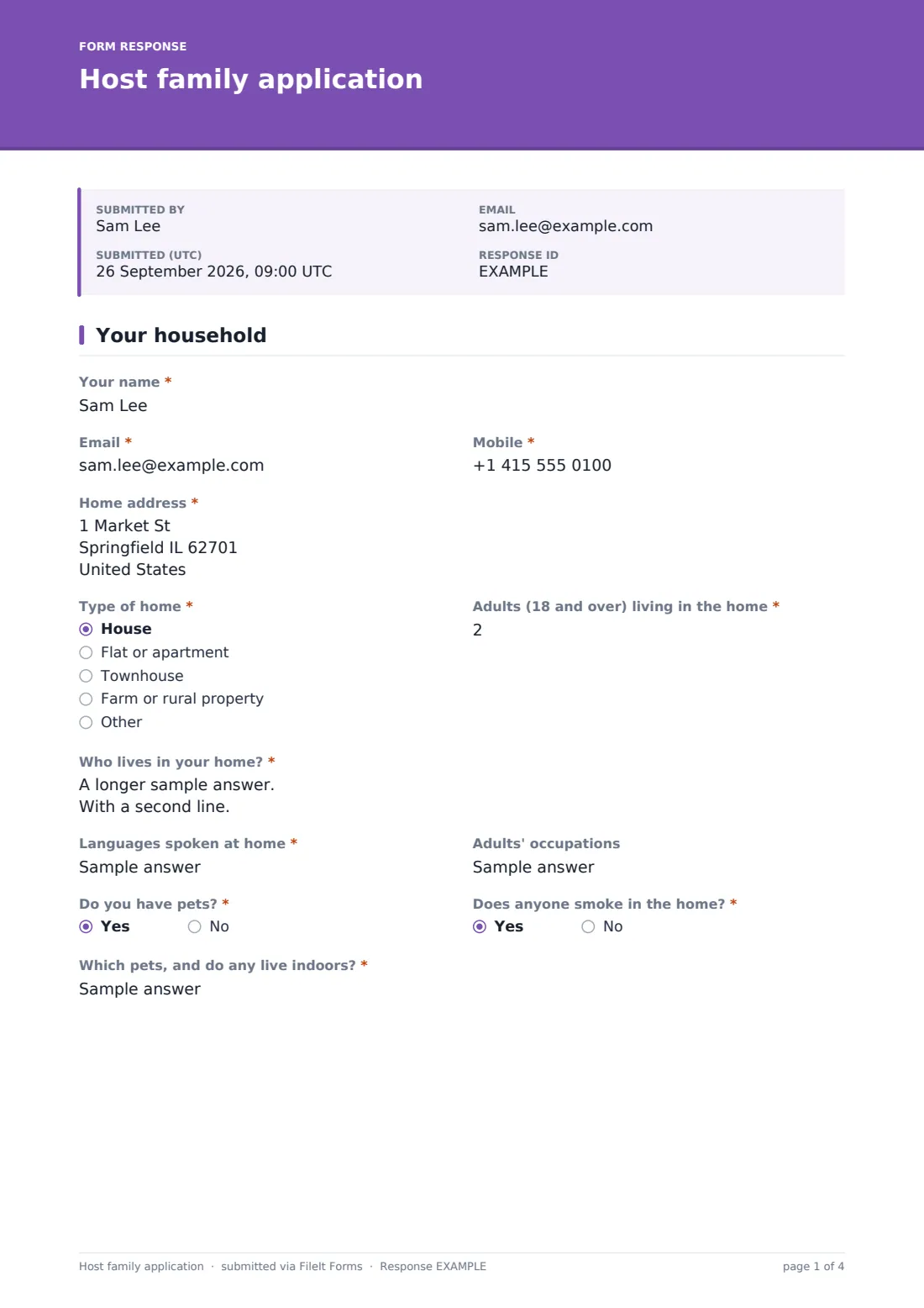 Host family application — example response PDF, page 1 of 4