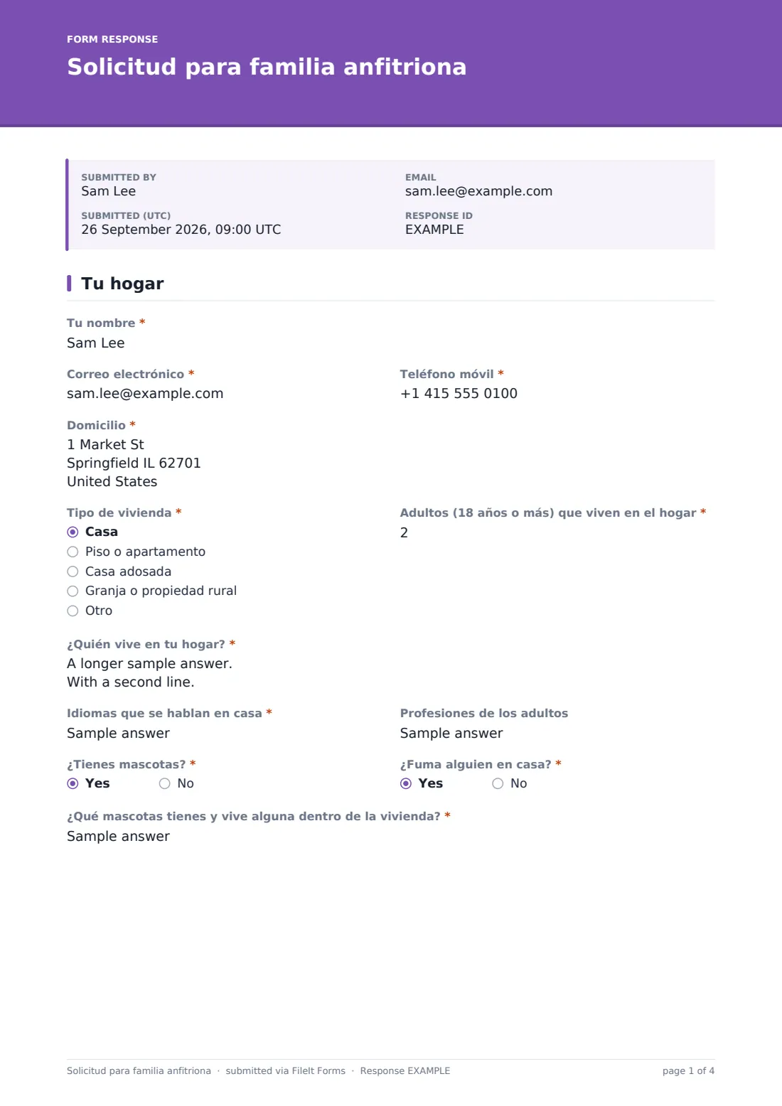 Solicitud para familia anfitriona — PDF de respuesta de ejemplo, página 1 de 4